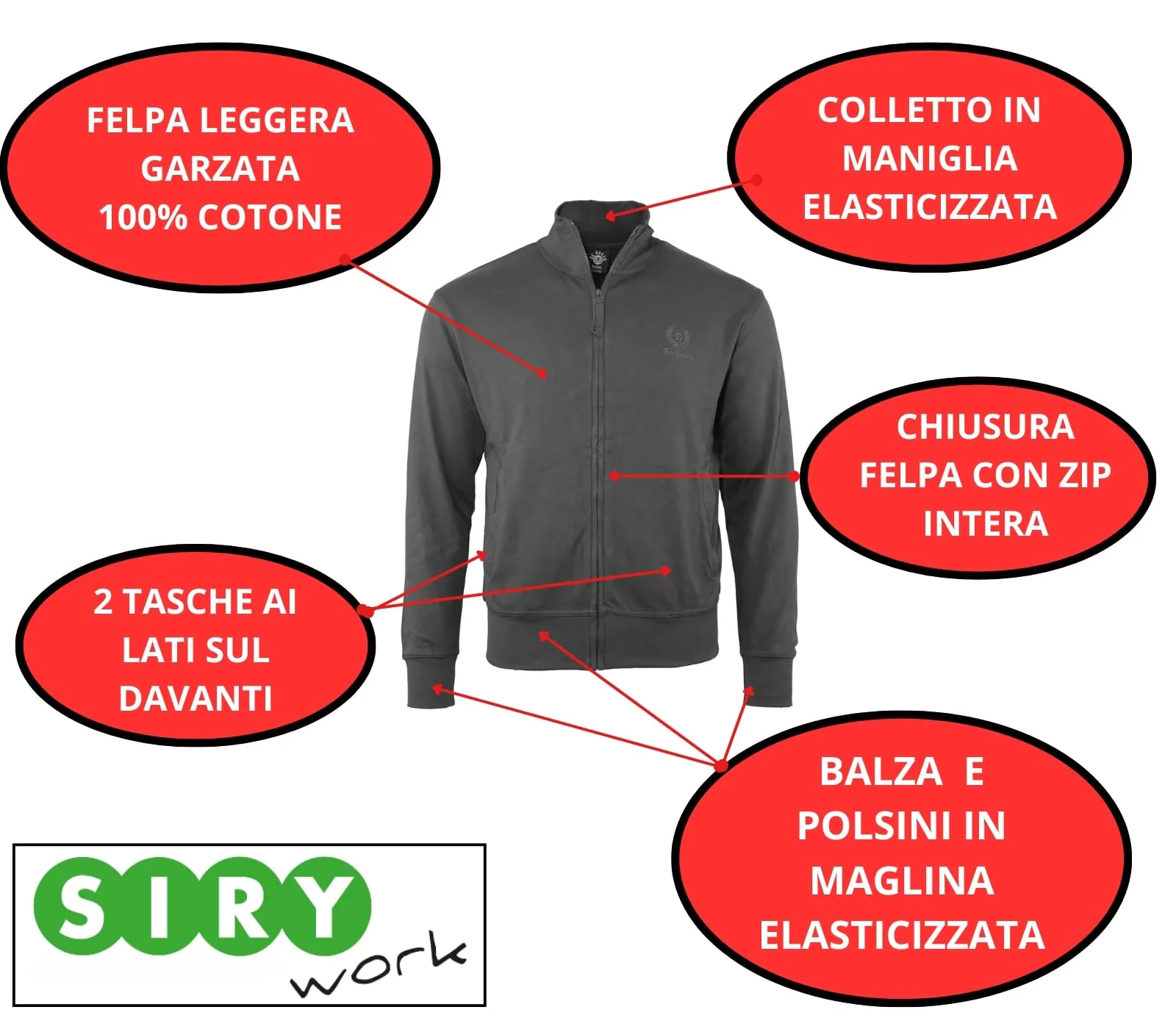 Siry Work Be Board Felpa Leggera Art. 9114 in Cotone con Tasche e Zip Intera - M Grafite - immagine 2