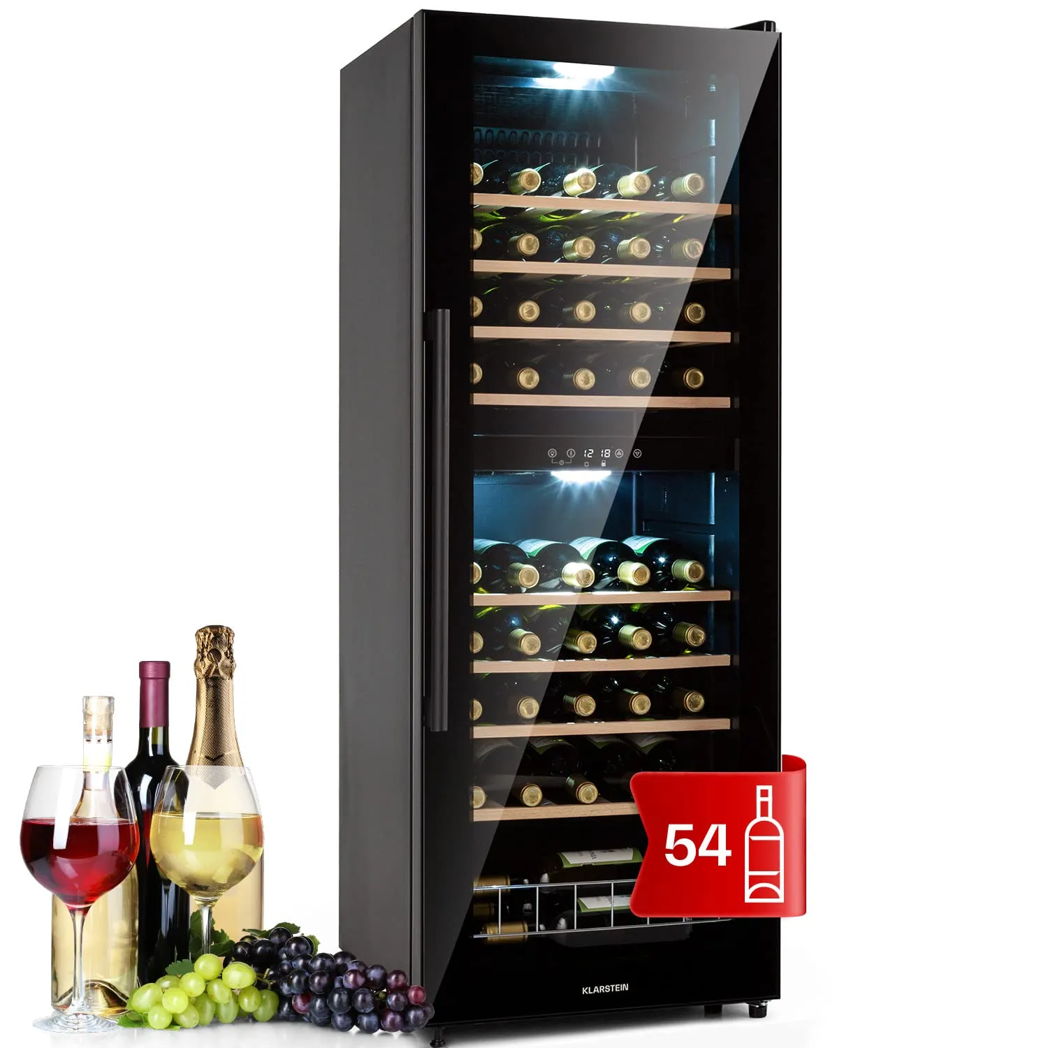 Klarstein Cantinetta Vino a Zona Doppia, 54 Bottiglie, 5-18°C, Protezione UV, Display Touch, Nero - immagine 1