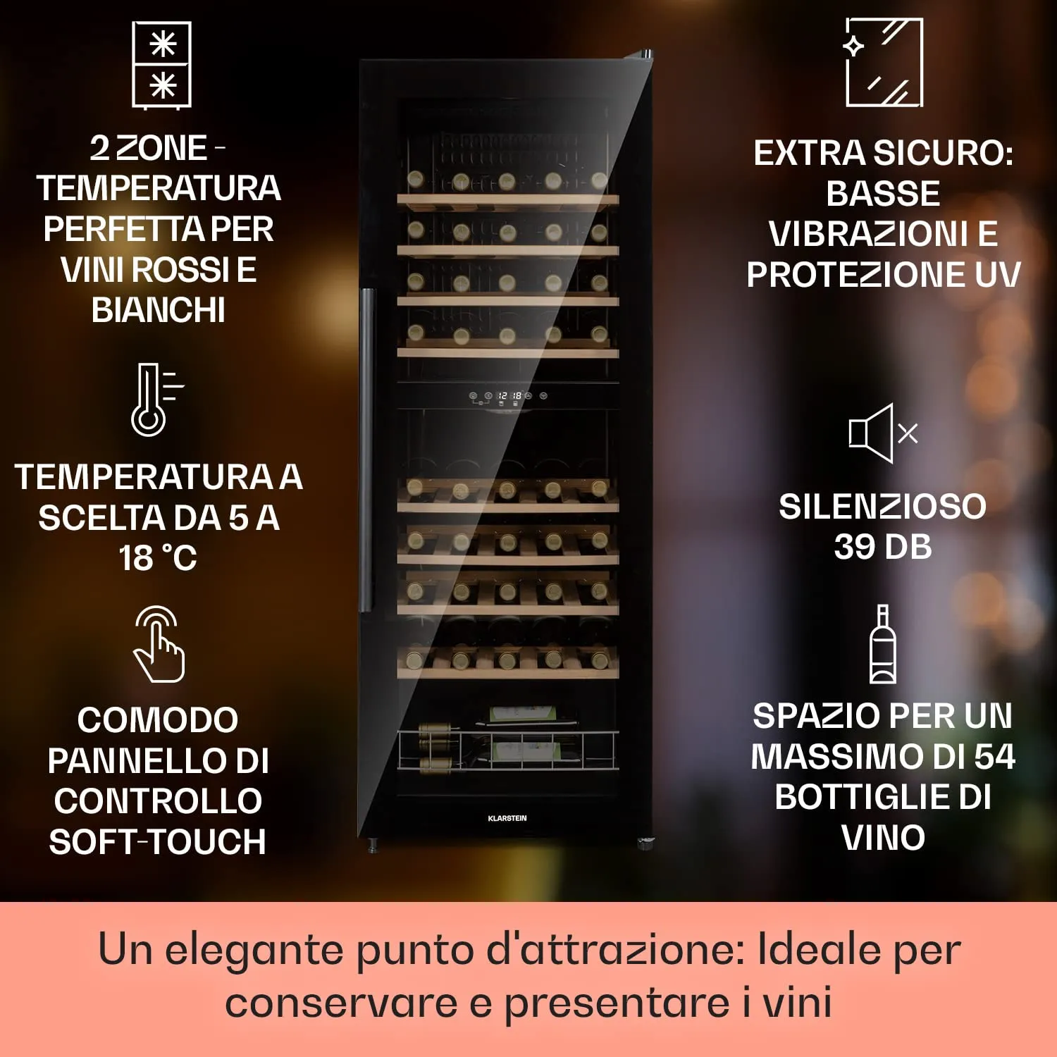 Klarstein Cantinetta Vino a Zona Doppia, 54 Bottiglie, 5-18°C, Protezione UV, Display Touch, Nero - immagine 2