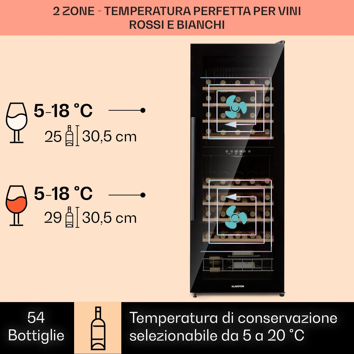Klarstein Cantinetta Vino a Zona Doppia, 54 Bottiglie, 5-18°C, Protezione UV, Display Touch, Nero - immagine 3