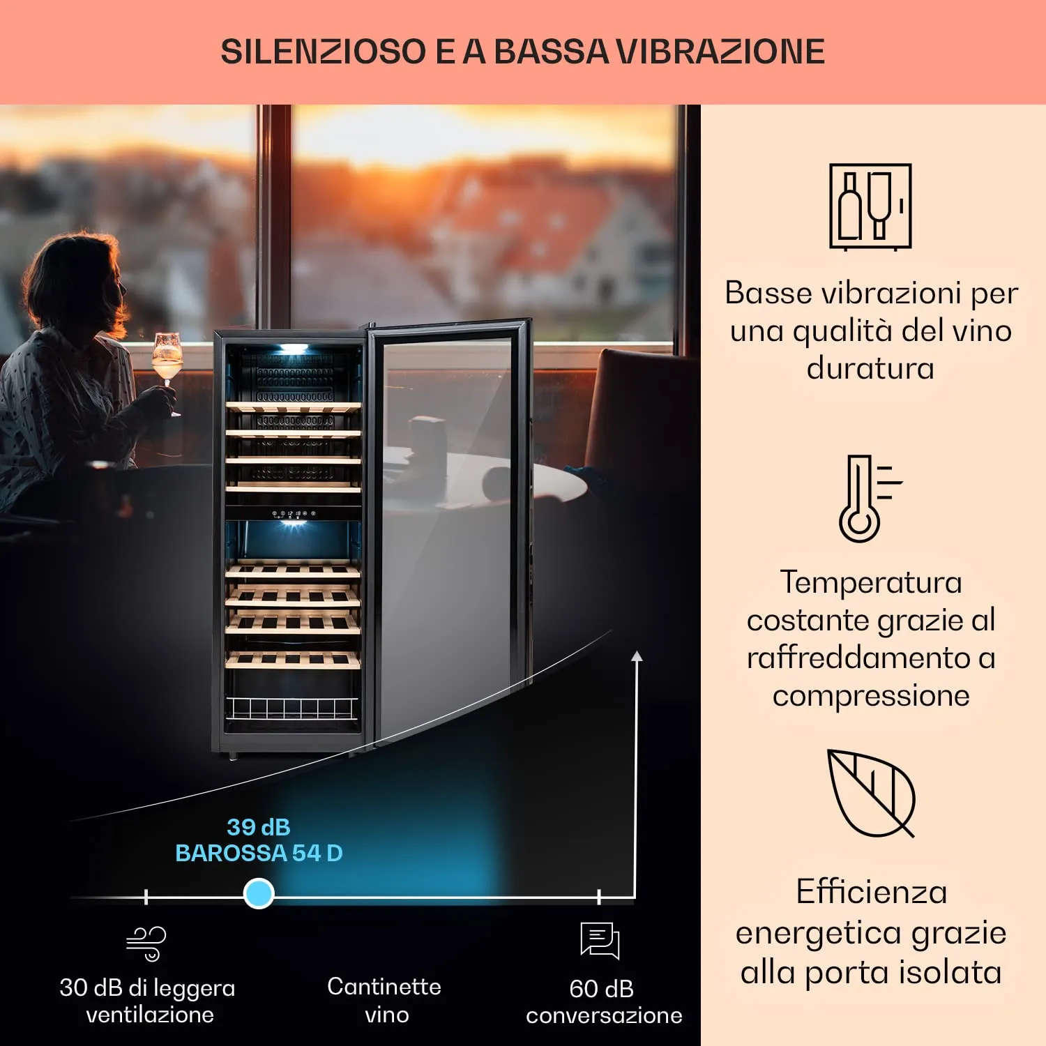 Klarstein Cantinetta Vino a Zona Doppia, 54 Bottiglie, 5-18°C, Protezione UV, Display Touch, Nero - immagine 4