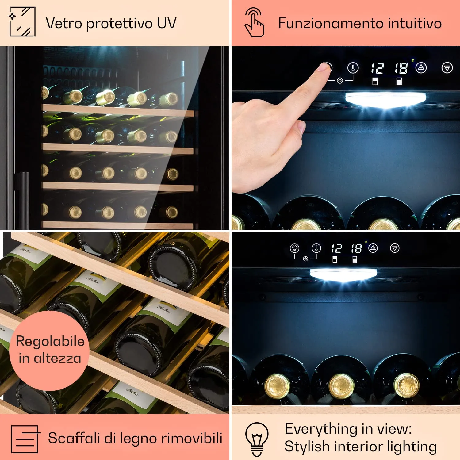 Klarstein Cantinetta Vino a Zona Doppia, 54 Bottiglie, 5-18°C, Protezione UV, Display Touch, Nero - immagine 5