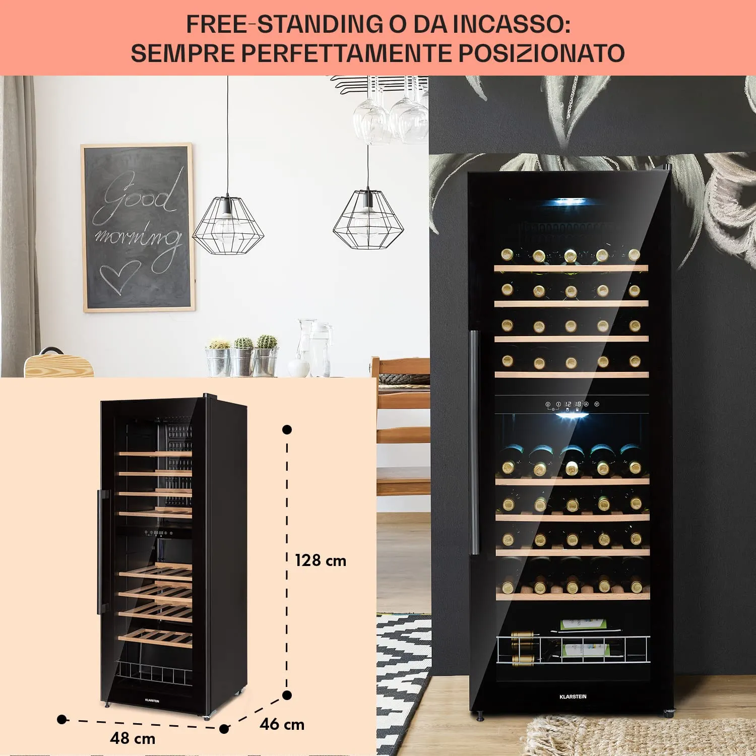 Klarstein Cantinetta Vino a Zona Doppia, 54 Bottiglie, 5-18°C, Protezione UV, Display Touch, Nero - immagine 6