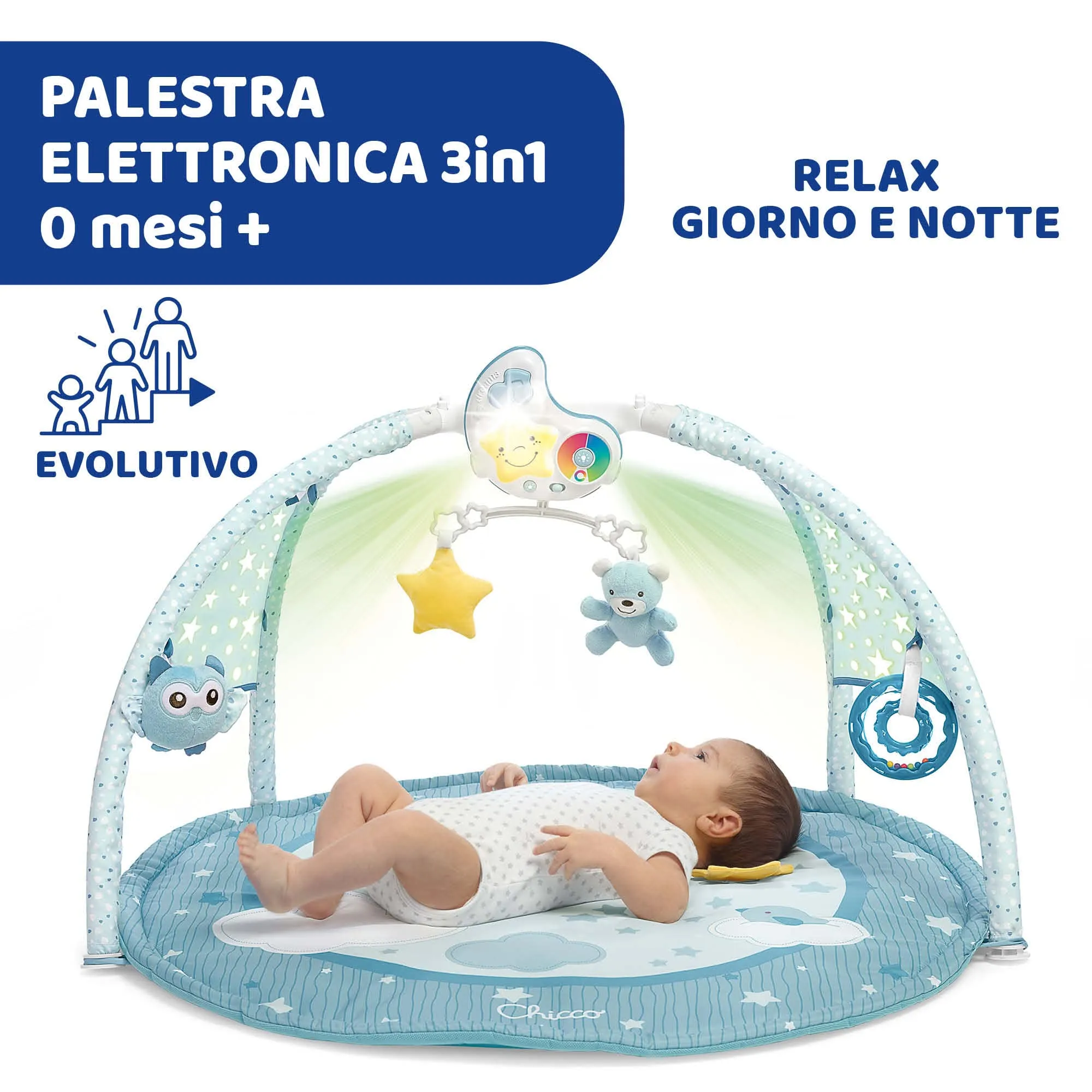 Chicco Palestrina dei Colori 3in1 Azzurro, Palestrina Neonato Multifunzione Elettronica con Tappeto, Proiettore Stelle, Luce Notturna e Melodie - immagine 2