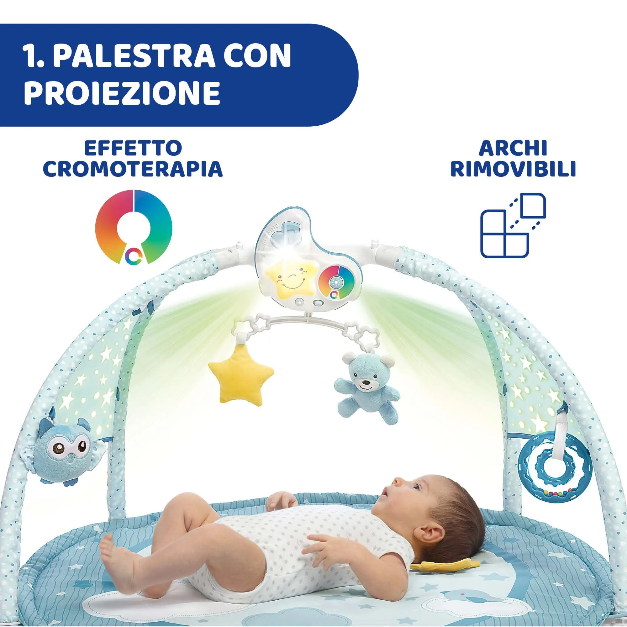 Chicco Palestrina dei Colori 3in1 Azzurro, Palestrina Neonato Multifunzione Elettronica con Tappeto, Proiettore Stelle, Luce Notturna e Melodie - immagine 3