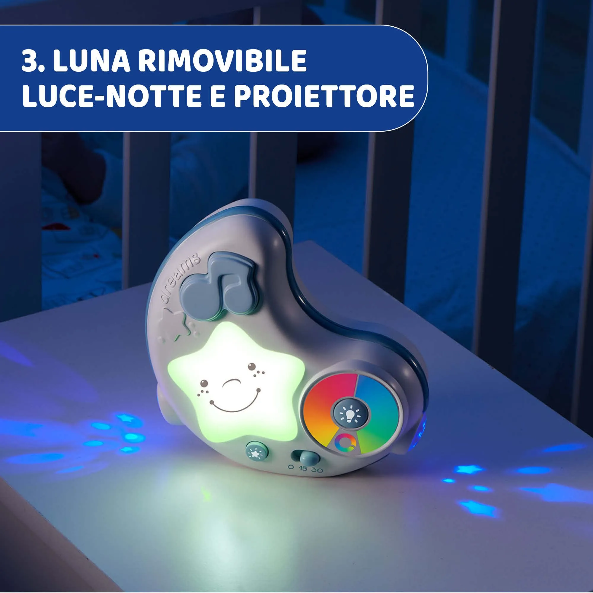 Chicco Palestrina dei Colori 3in1 Azzurro, Palestrina Neonato Multifunzione Elettronica con Tappeto, Proiettore Stelle, Luce Notturna e Melodie - immagine 5