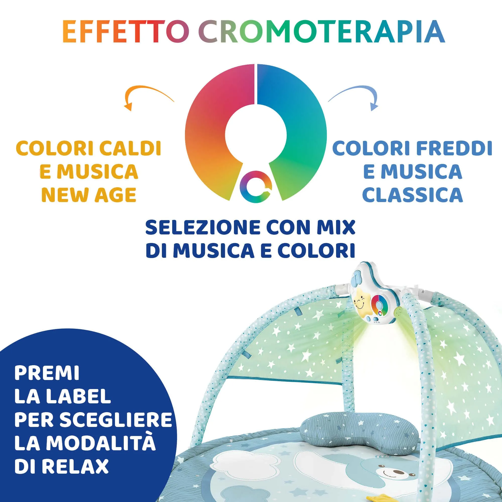 Chicco Palestrina dei Colori 3in1 Azzurro, Palestrina Neonato Multifunzione Elettronica con Tappeto, Proiettore Stelle, Luce Notturna e Melodie - immagine 6