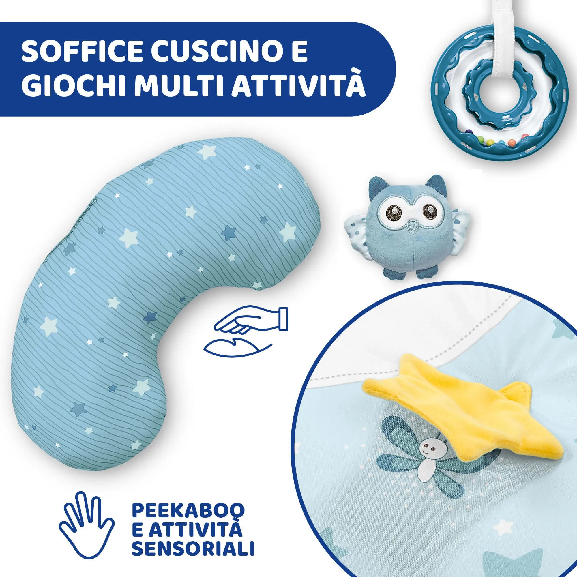 Chicco Palestrina dei Colori 3in1 Azzurro, Palestrina Neonato Multifunzione Elettronica con Tappeto, Proiettore Stelle, Luce Notturna e Melodie - immagine 8