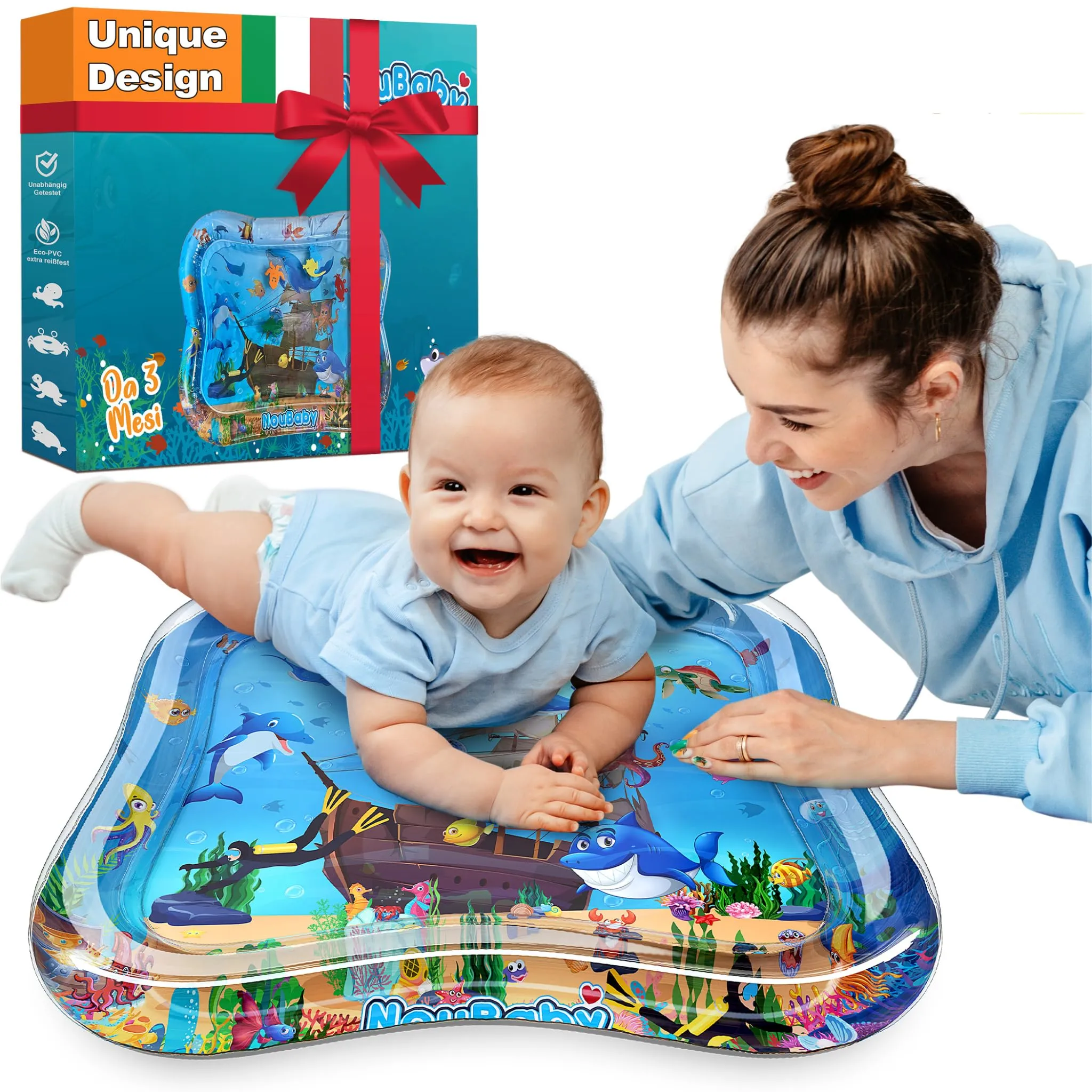 NouBaby Tappetino e Cuscino Tummy Time ad Acqua per Neonati, Giochi Sensoriali per Sviluppo Motorio 0-6 Mesi - immagine 1