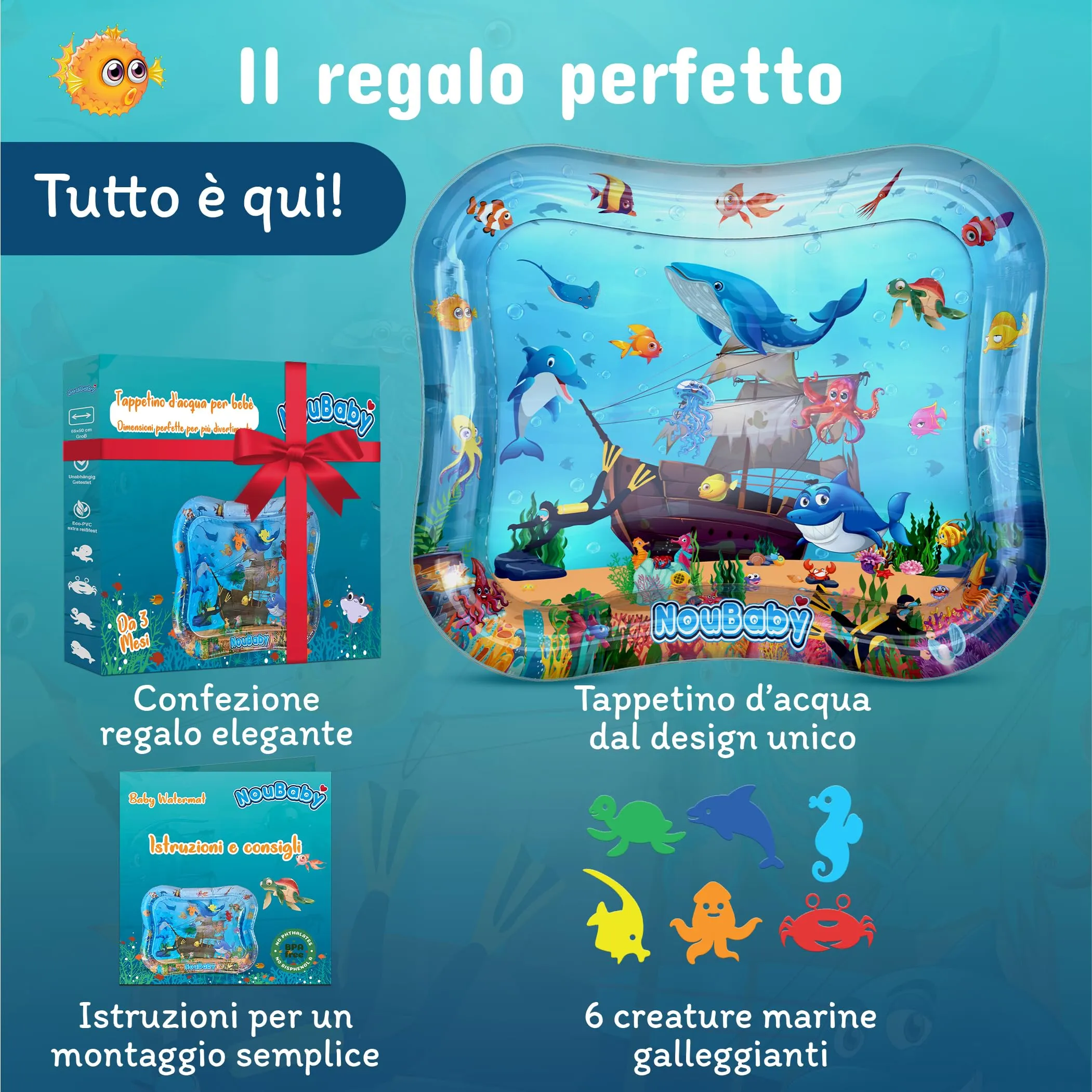 NouBaby Tappetino e Cuscino Tummy Time ad Acqua per Neonati, Giochi Sensoriali per Sviluppo Motorio 0-6 Mesi - immagine 4