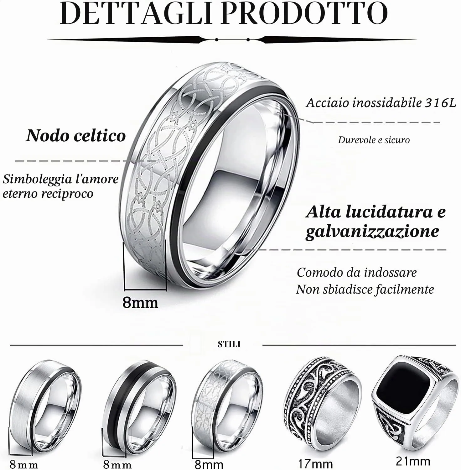JeweBella Set di 7 Anelli da Uomo in Acciaio Inossidabile Argentato - immagine 2