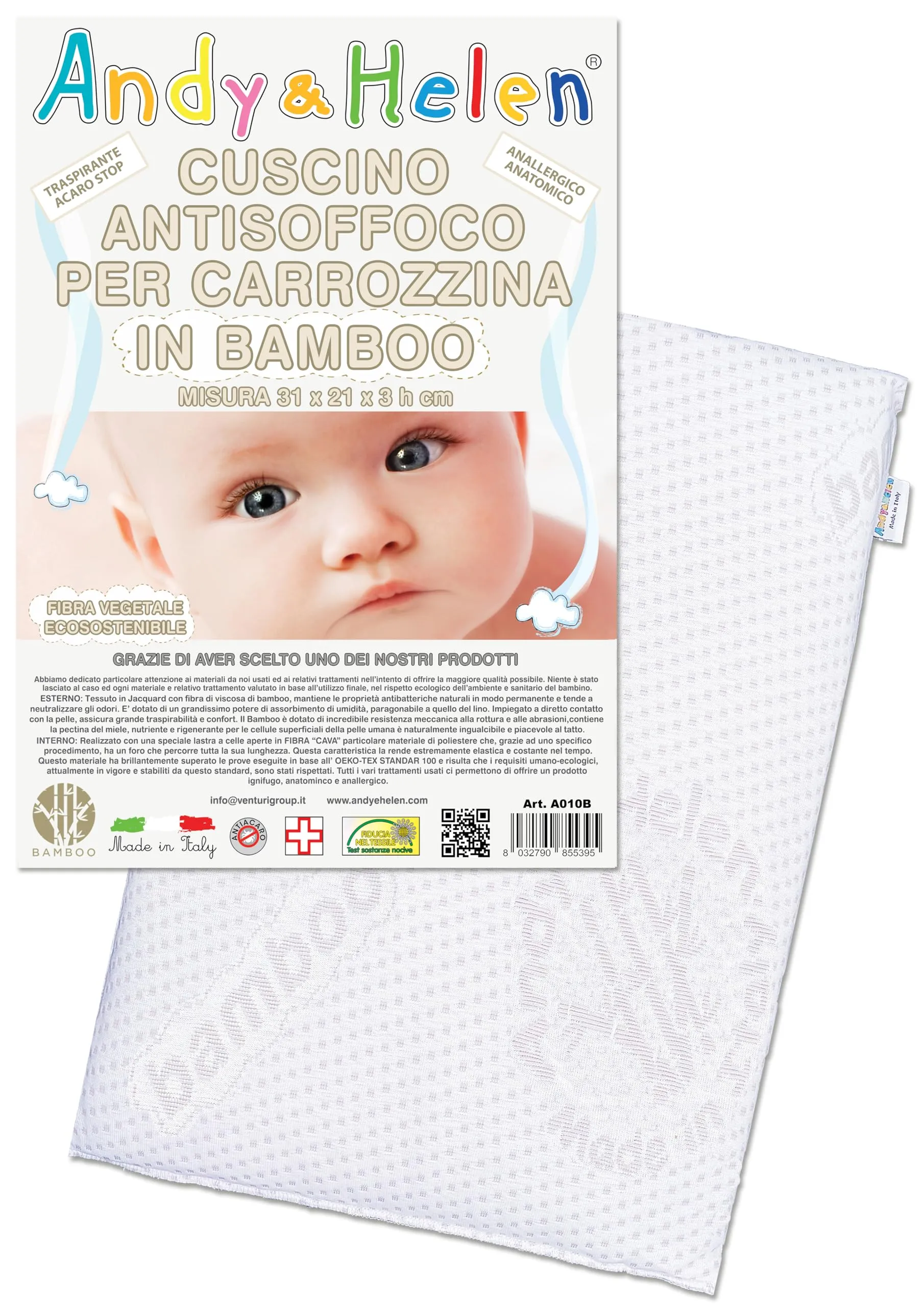Andy & Helen Cuscino Culla/Carrozzina Antisoffoco in Bamboo A010, 31x21x3 cm - immagine 1