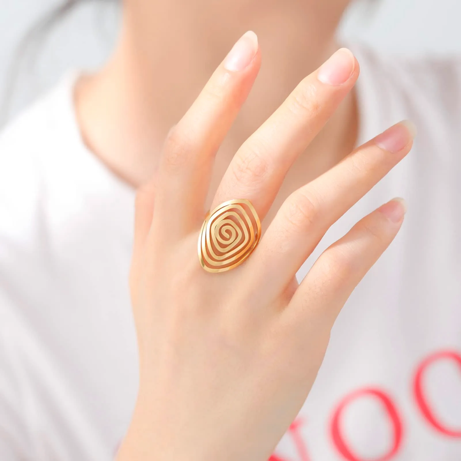 TEAMER Anello Labirinto di Vortici in Acciaio Inox Regolabile, Geometrico a Spirale, Oro (Stile 1) - immagine 3