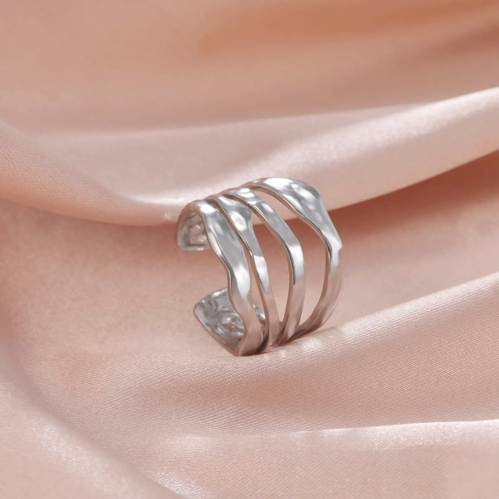 TEAMER Anello a spirale irregolare in acciaio inox, regolabile, Stile 3 - Argento - immagine 7