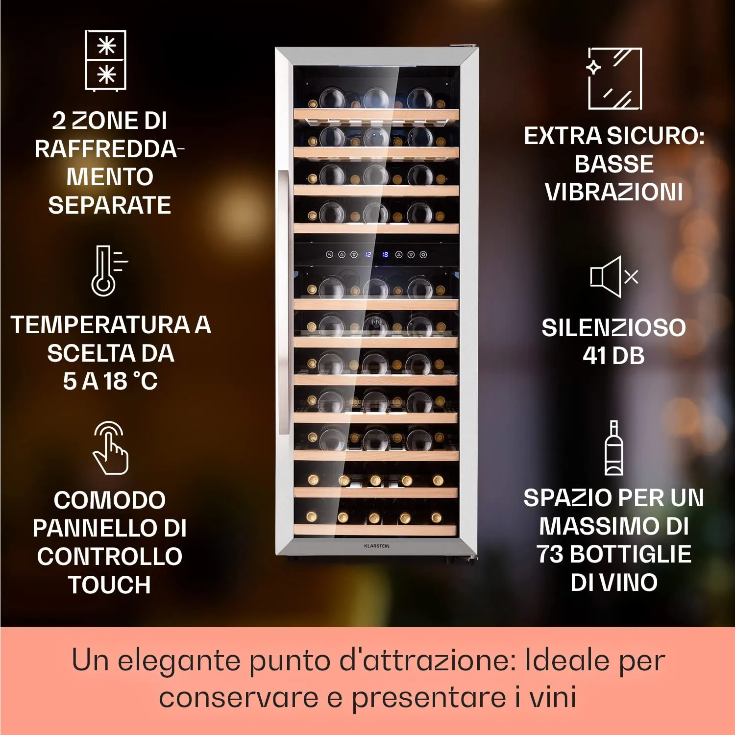 Klarstein Cantinetta Vino a Zona Doppia, 73 Bottiglie, 5-18°C - immagine 2