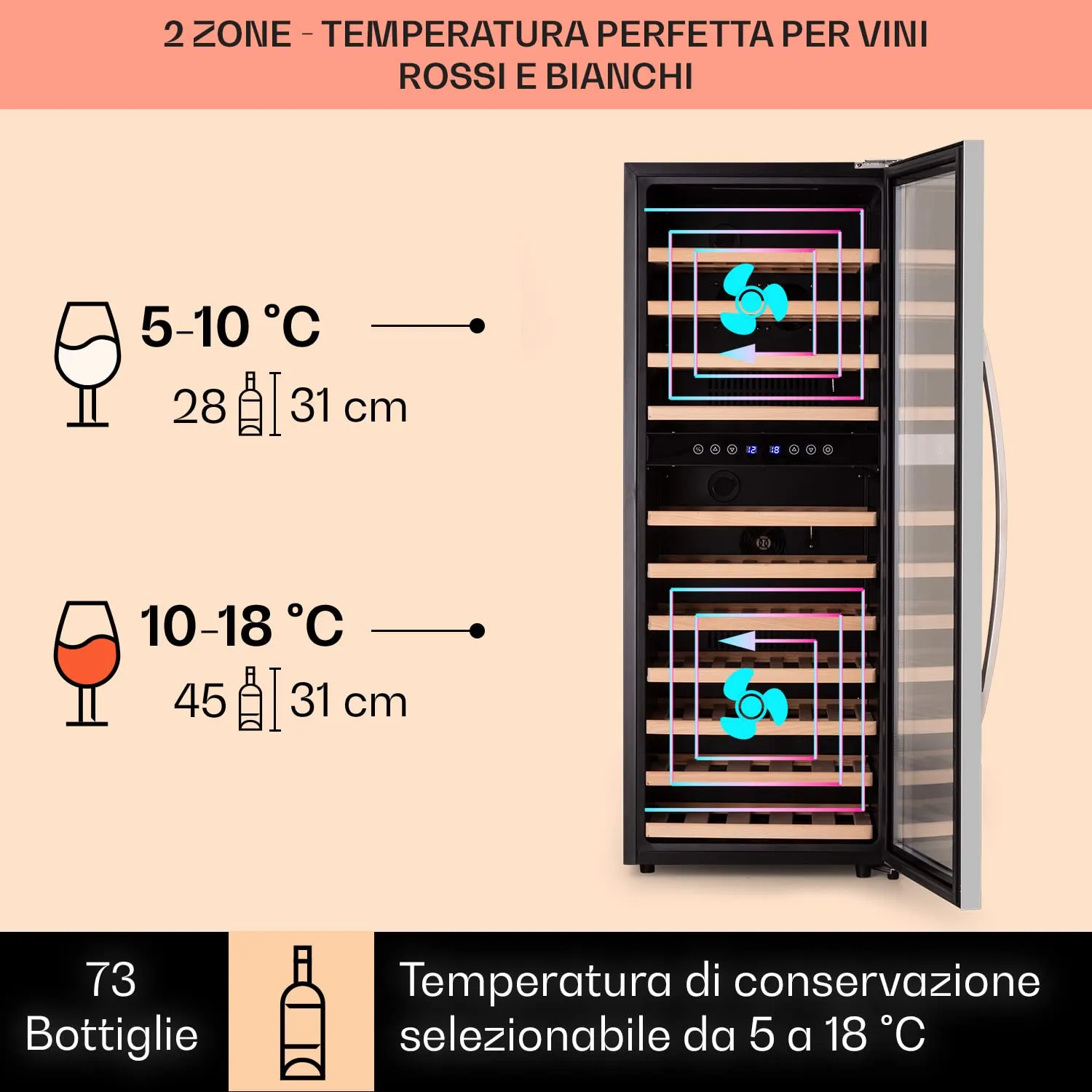 Klarstein Cantinetta Vino a Zona Doppia, 73 Bottiglie, 5-18°C - immagine 3