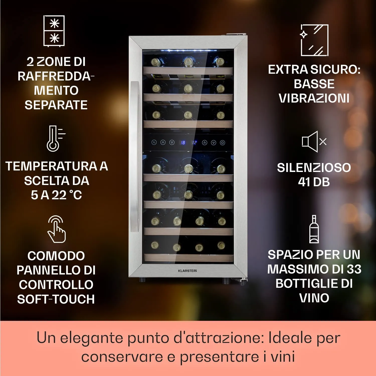 Klarstein Cantinetta Vino a Zona Doppia, 33 Bottiglie, 5-18°C - immagine 2