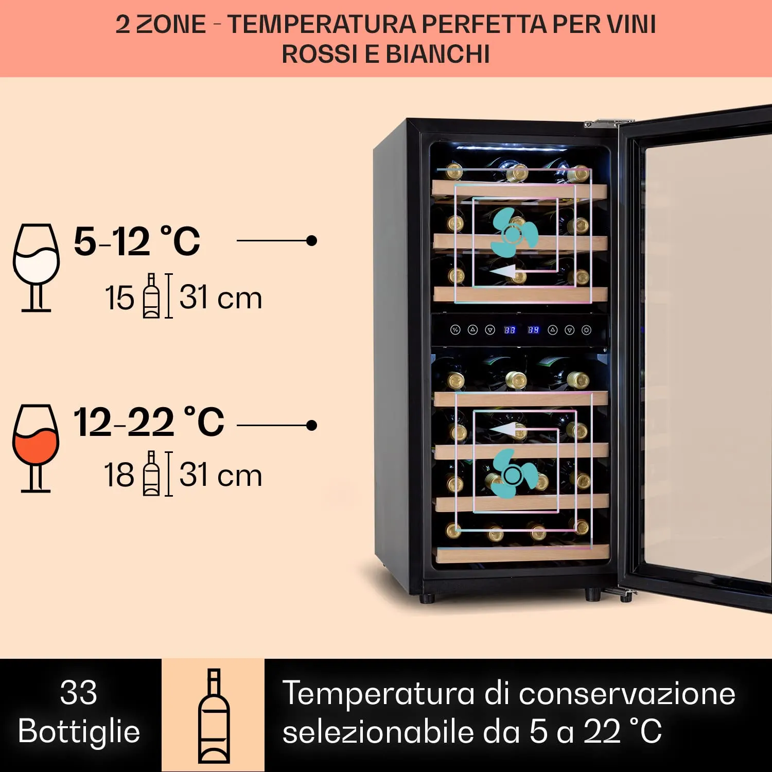 Klarstein Cantinetta Vino a Zona Doppia, 33 Bottiglie, 5-18°C - immagine 3