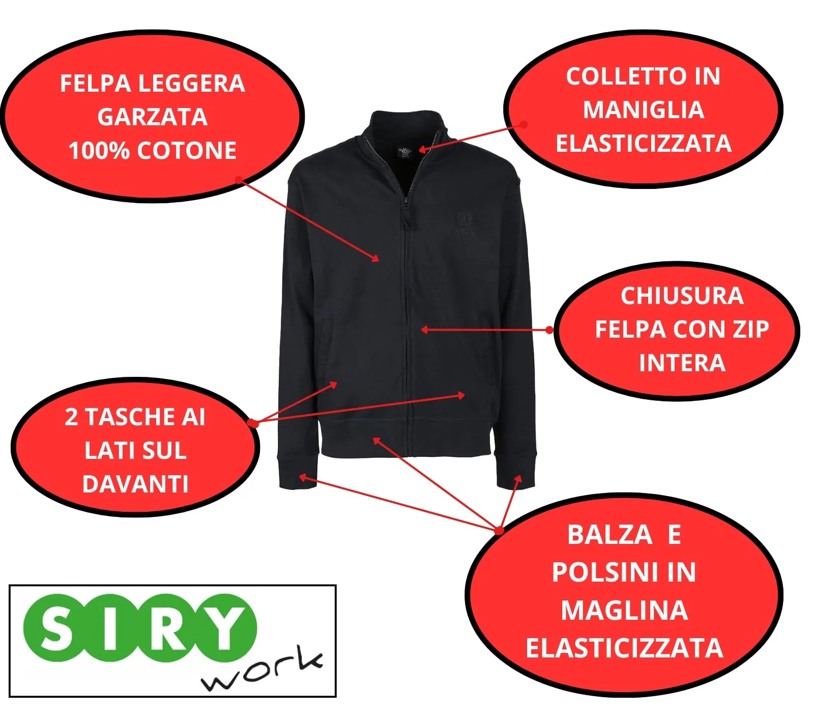Siry Work Be Board Felpa Leggera Art. 9114 100% Cotone con Tasche e Zip Intera (3XL-Nero) - immagine 3