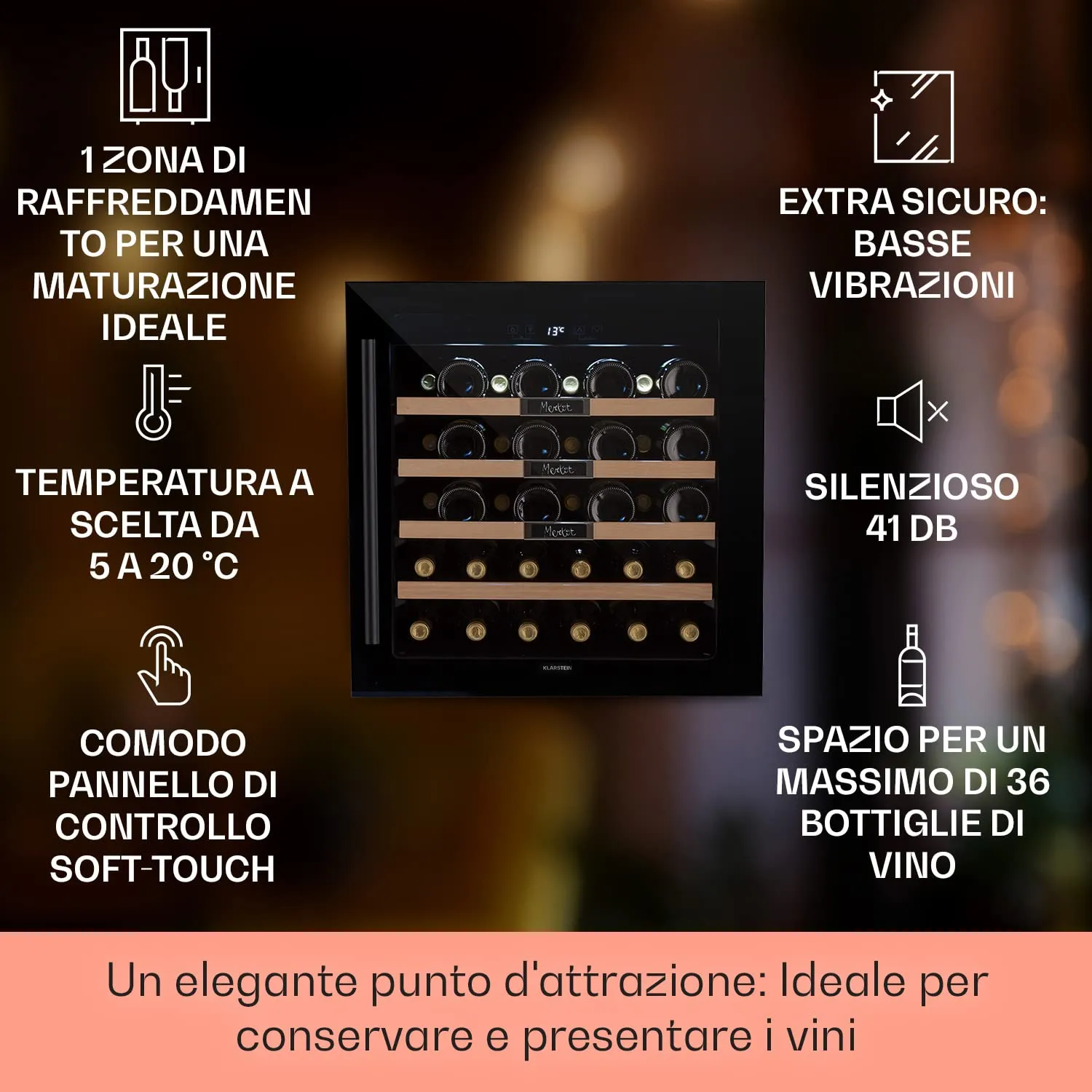 Klarstein Cantinetta Vino a Zona Singola 92L 36 Bottiglie, Touch Control 5-20°C, Protezione UV - immagine 2