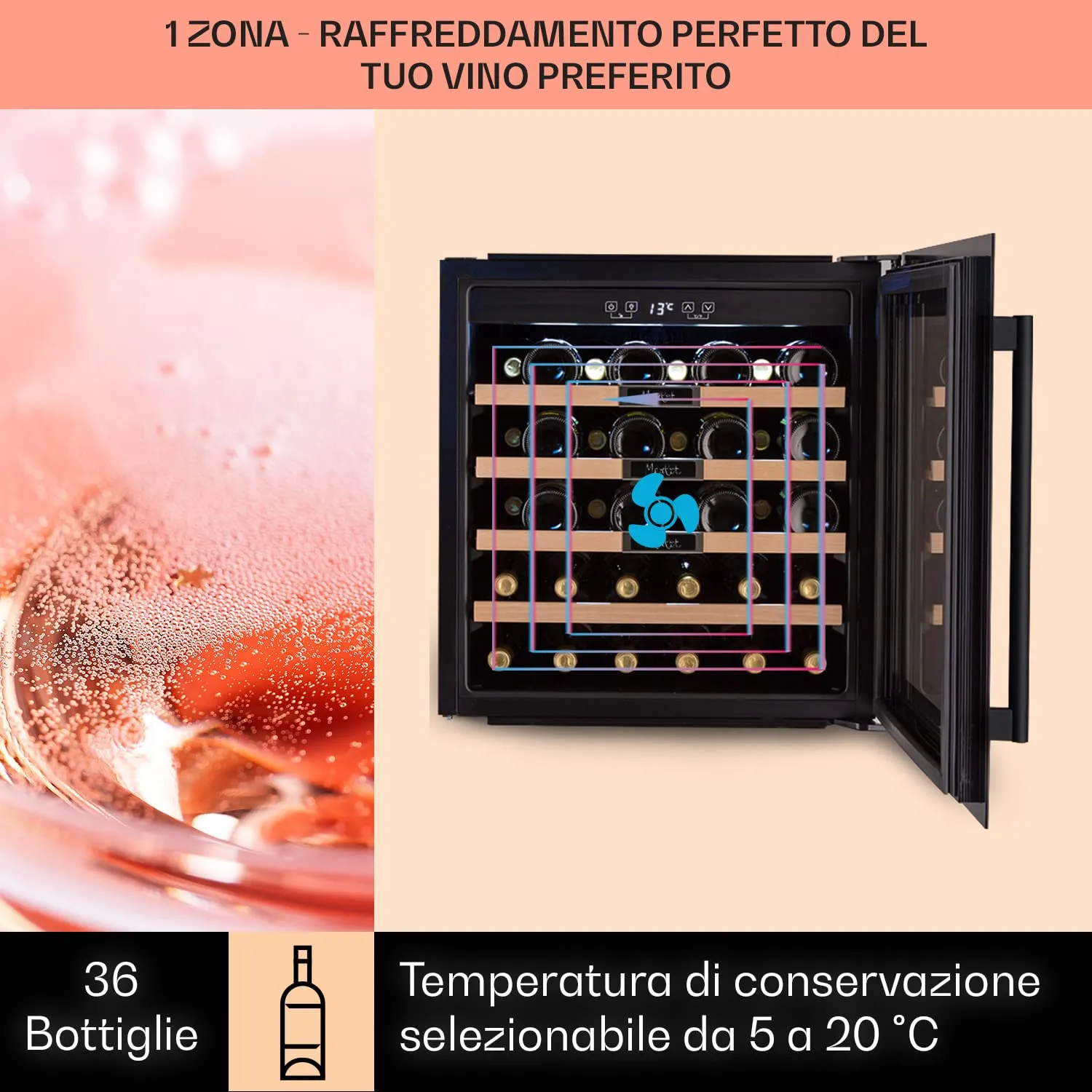 Klarstein Cantinetta Vino a Zona Singola 92L 36 Bottiglie, Touch Control 5-20°C, Protezione UV - immagine 3