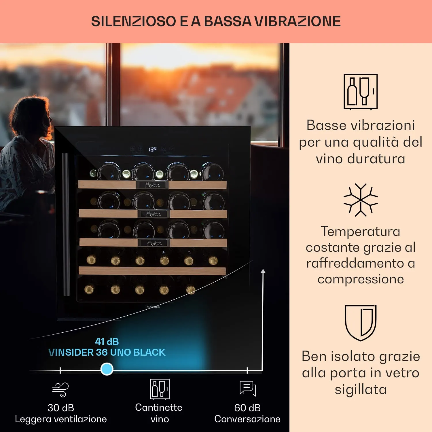 Klarstein Cantinetta Vino a Zona Singola 92L 36 Bottiglie, Touch Control 5-20°C, Protezione UV - immagine 4