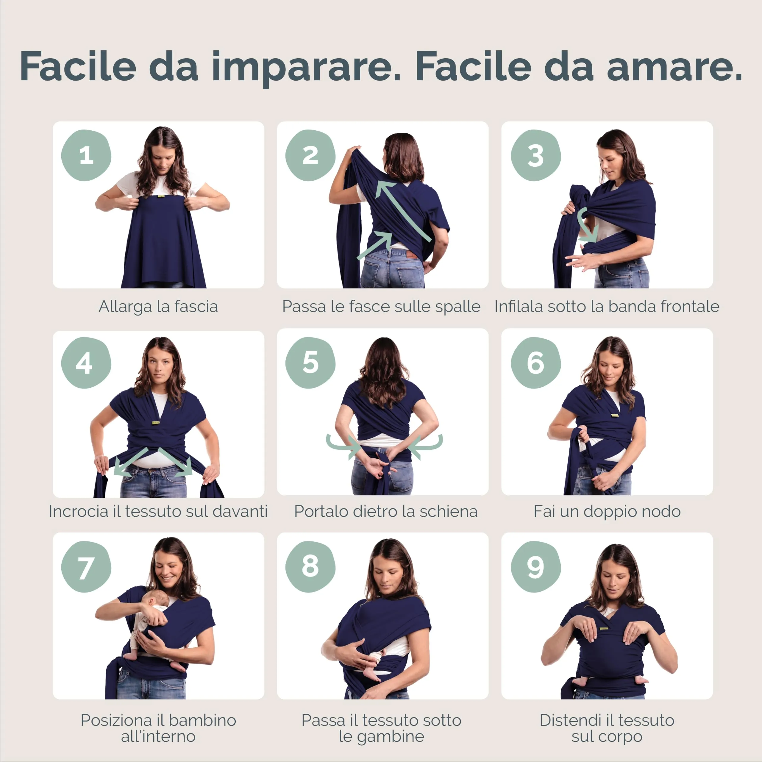Boba Fascia Porta Bebè Elastica in Cotone, Blu Navy - immagine 6