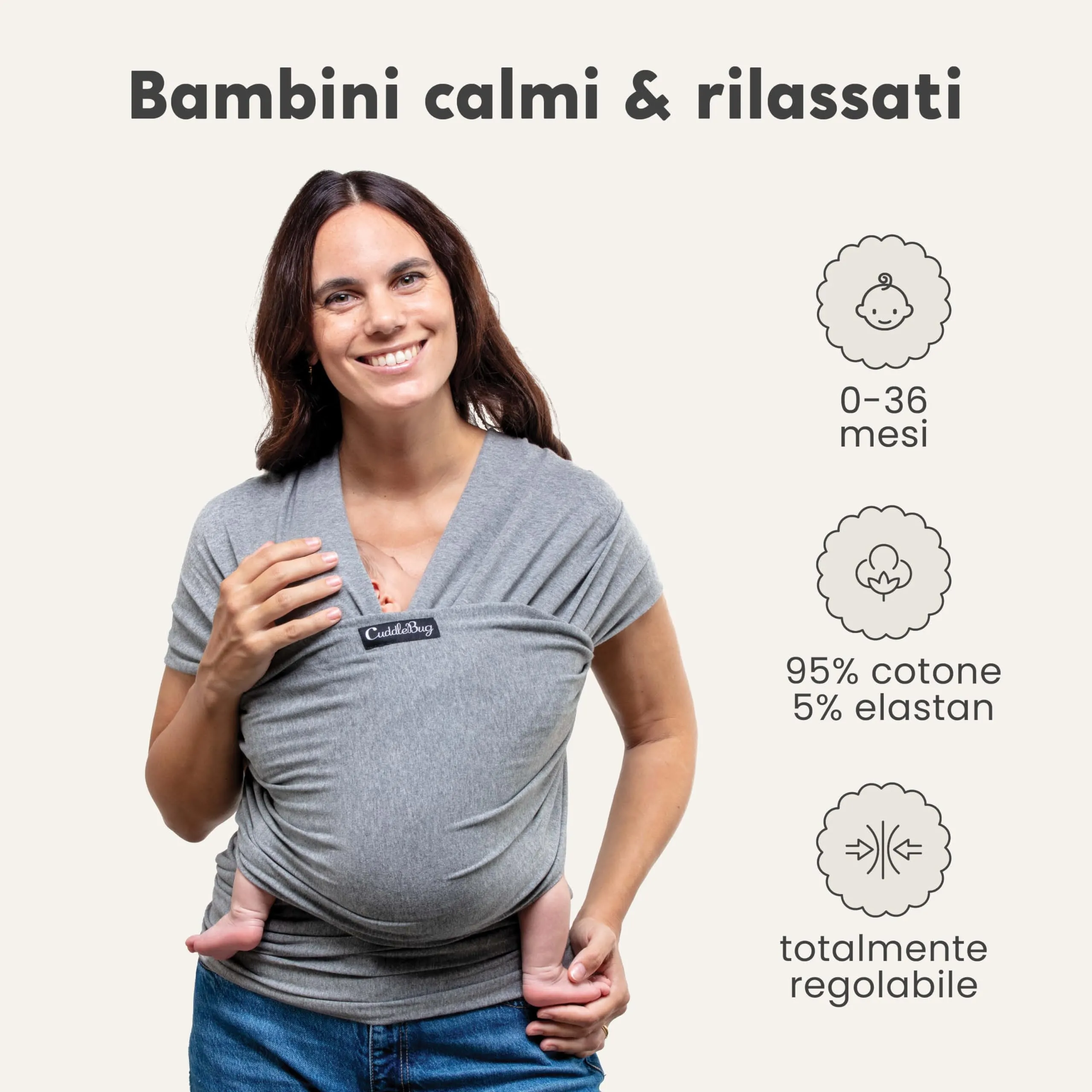 Cuddlebug Fascia Porta Bebè Elastica, Neonato, 3-16 kg, Grigio - immagine 2