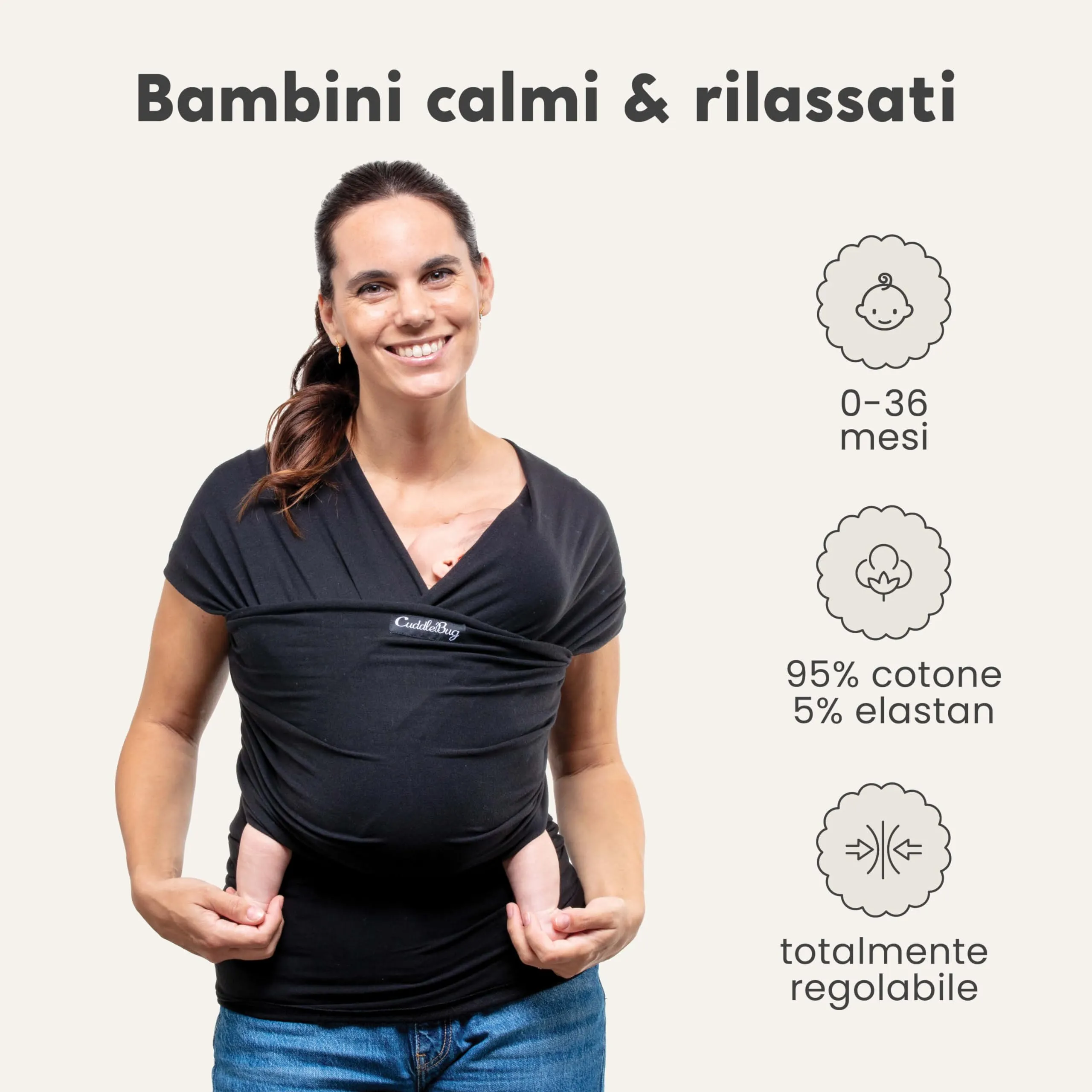CuddleBug Fascia Porta Bebé Neonato e Bimbi fino a 16 Kg (Nero/Black) - immagine 2