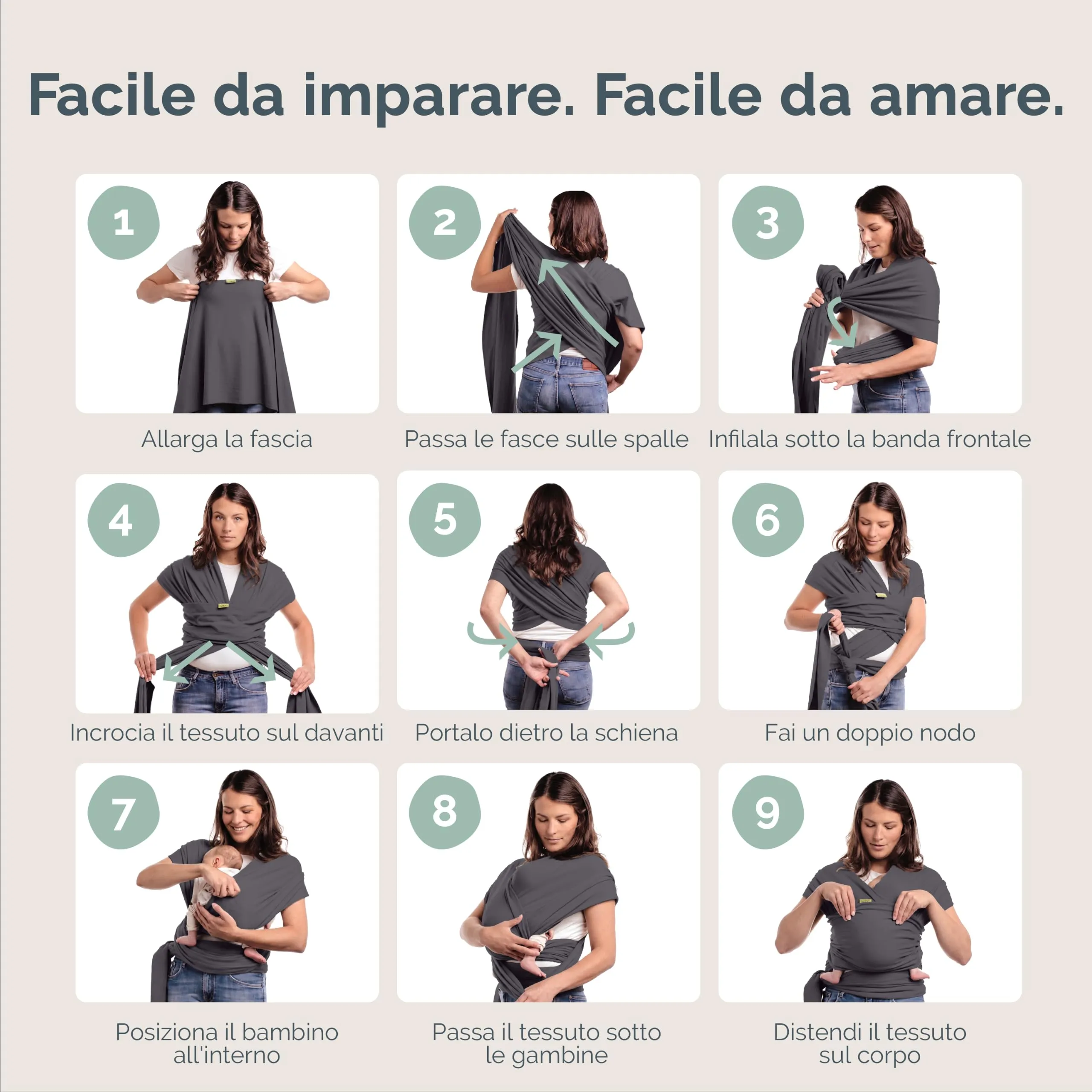 Boba Fascia Porta Bebè Elastica in Cotone Bio, Grigio Scuro - immagine 6