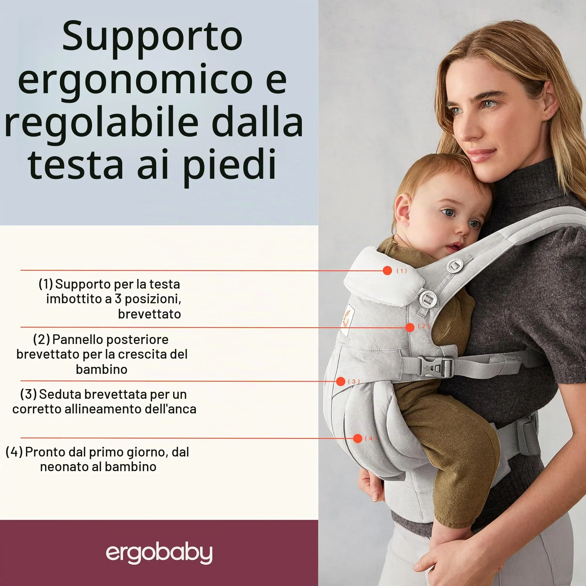 Ergobaby Omni 360 Marsupio Neonati Ergonomico, 4 Posizioni, Pearl Grey - immagine 3