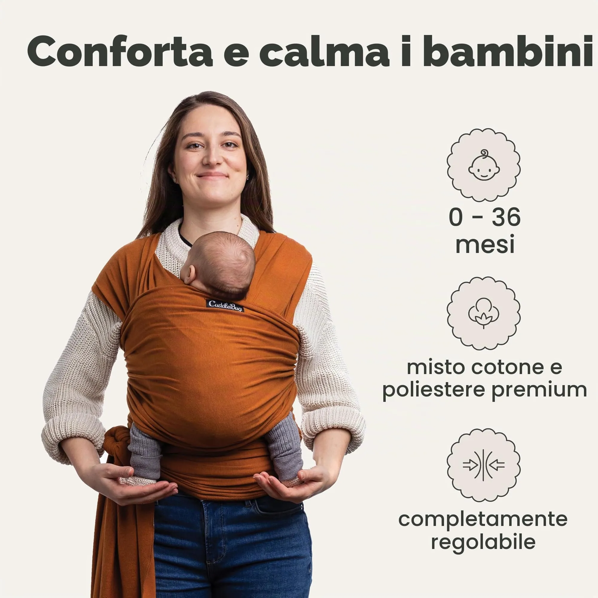 Cuddlebug Fascia Porta Bebè Elastica, 3-16 kg, Marrone - immagine 2