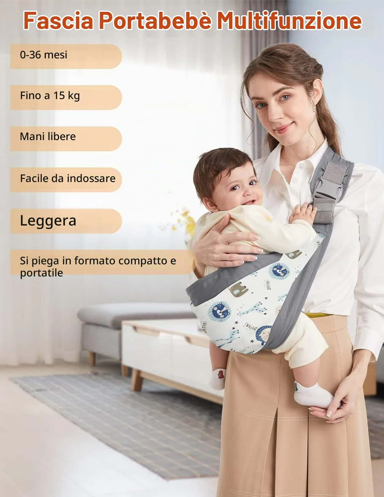 Mumgaroo Fascia Porta Bebè Ergonomica (0-15kg, Pieghevole 12 cm) - immagine 3