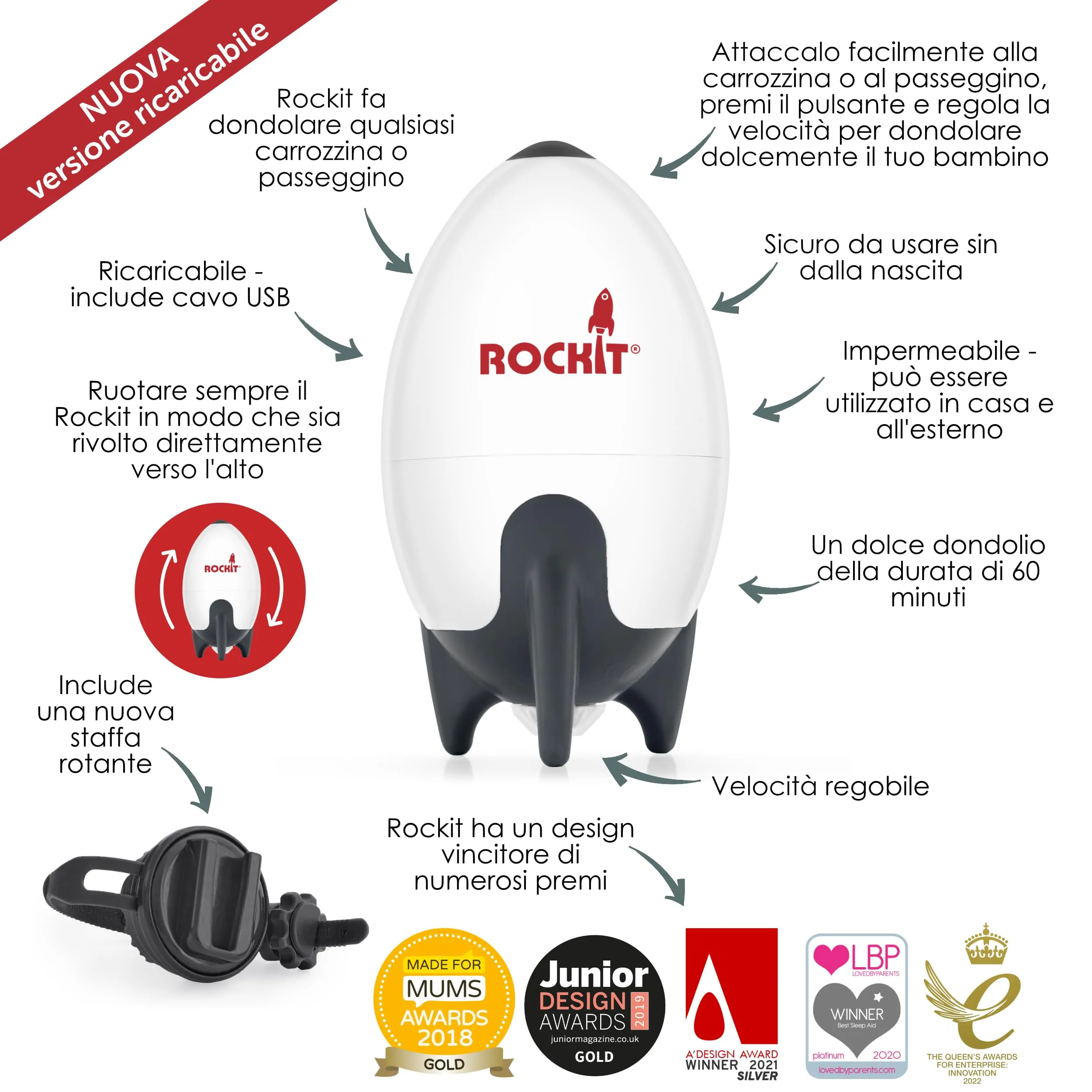 Rockit Dondolo Passeggino Automatico Ricaricabile, Velocità Regolabile, Timer 60 Min, Universale - immagine 2
