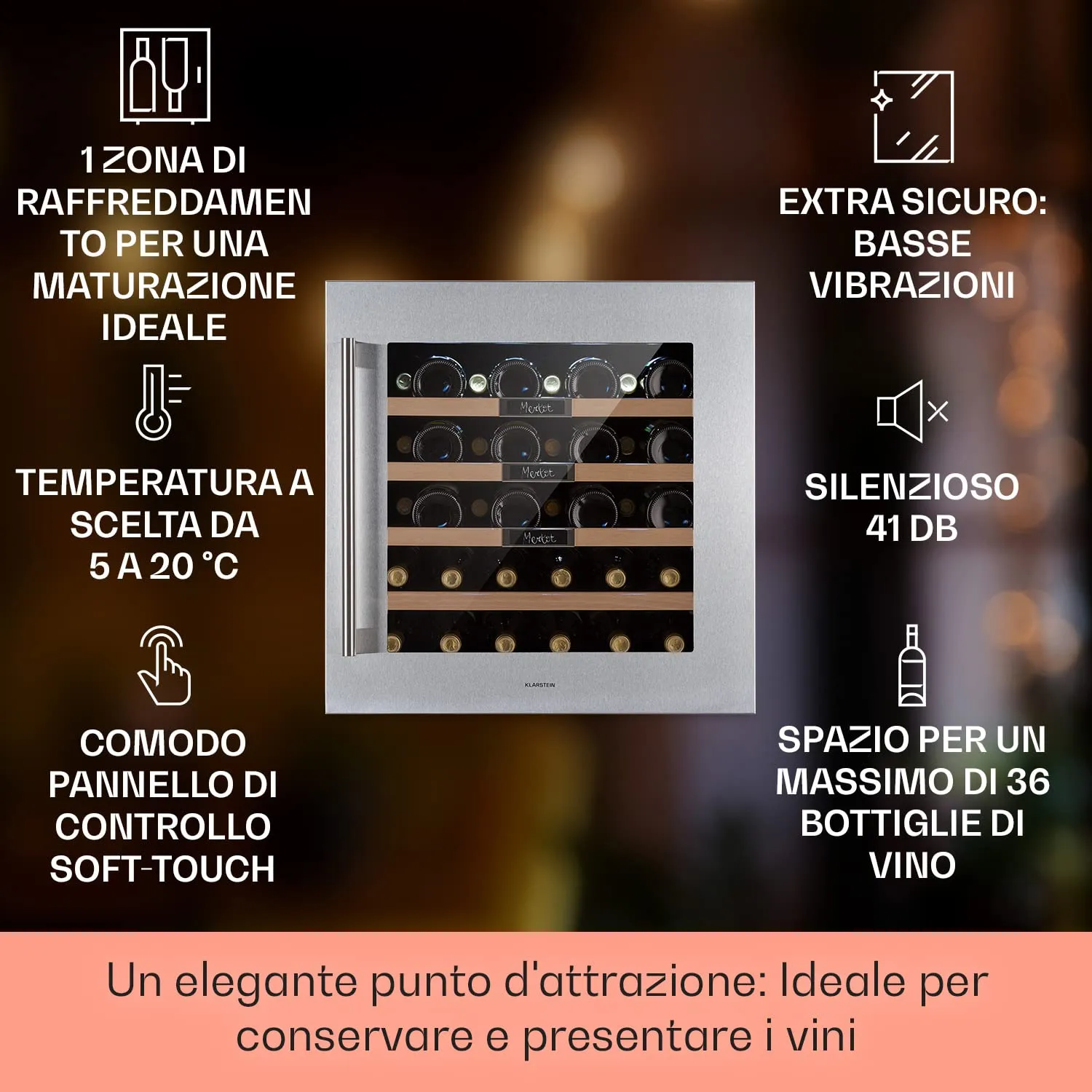 Klarstein Cantinetta Vino a Zona Singola 92L 36 Bottiglie, Touch Control 5-20°C, Acciaio - immagine 2