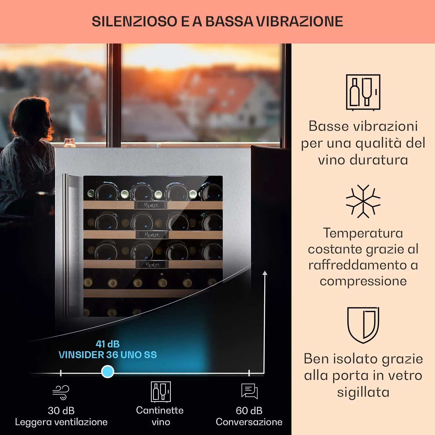 Klarstein Cantinetta Vino a Zona Singola 92L 36 Bottiglie, Touch Control 5-20°C, Acciaio - immagine 4