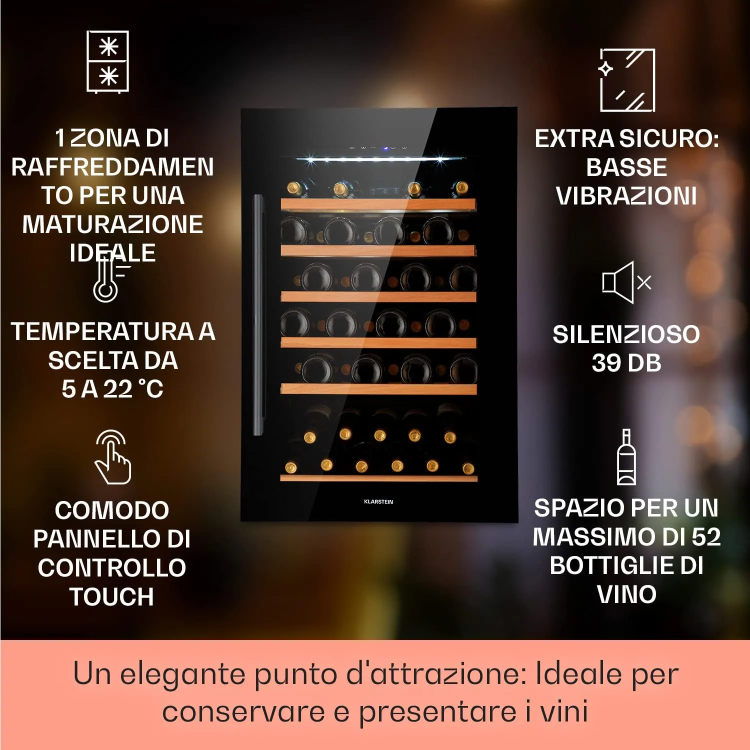 Klarstein Cantinetta Vino a Zona Singola, 137L, 52 Bottiglie, Touch Control 5-22°C, Nero - immagine 2