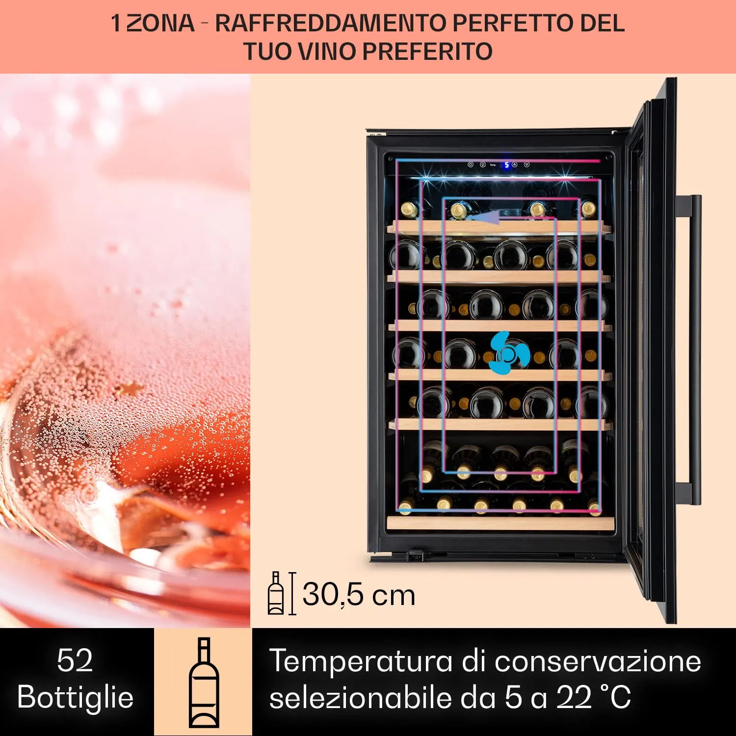 Klarstein Cantinetta Vino a Zona Singola, 137L, 52 Bottiglie, Touch Control 5-22°C, Nero - immagine 3