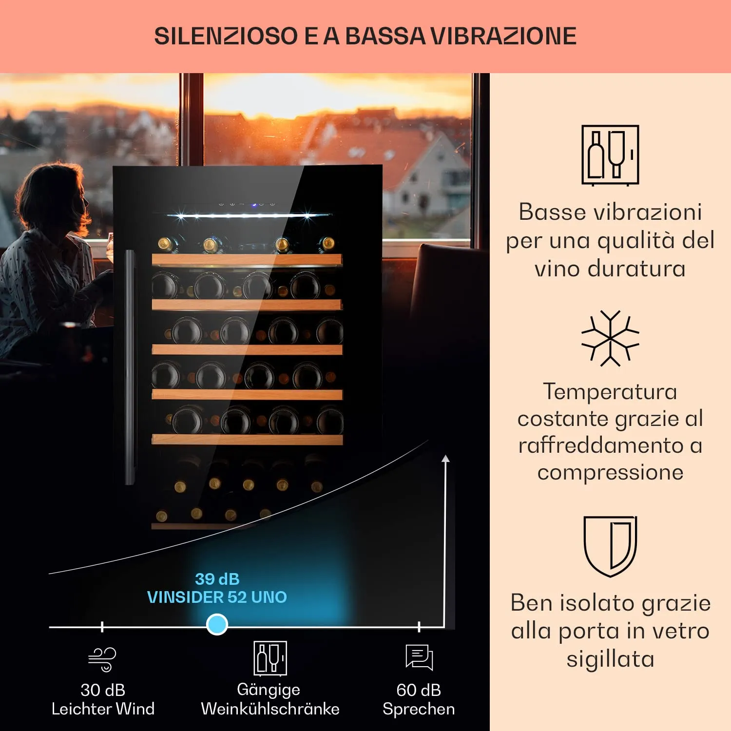 Klarstein Cantinetta Vino a Zona Singola, 137L, 52 Bottiglie, Touch Control 5-22°C, Nero - immagine 4