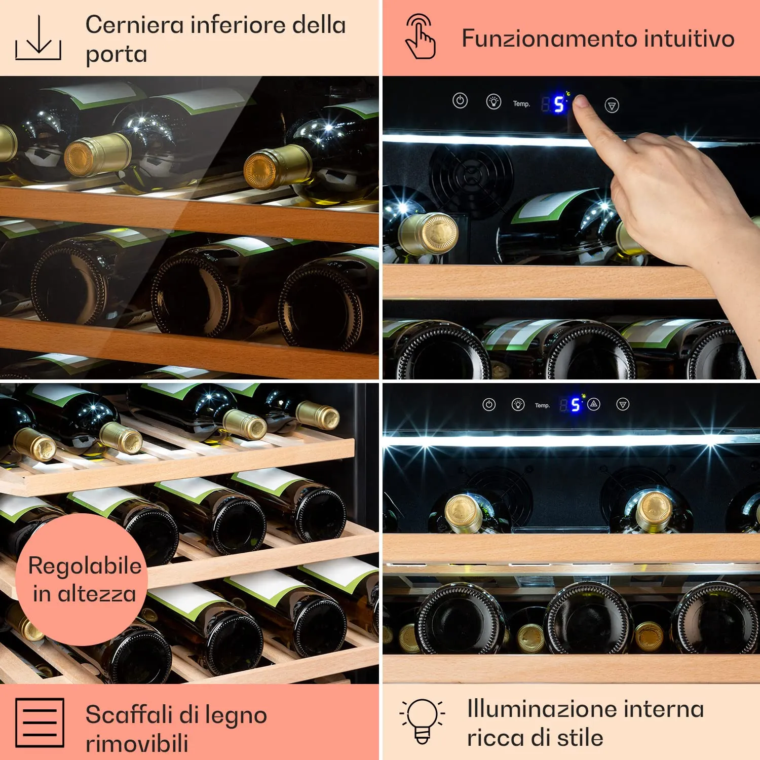 Klarstein Cantinetta Vino a Zona Singola, 137L, 52 Bottiglie, Touch Control 5-22°C, Nero - immagine 5