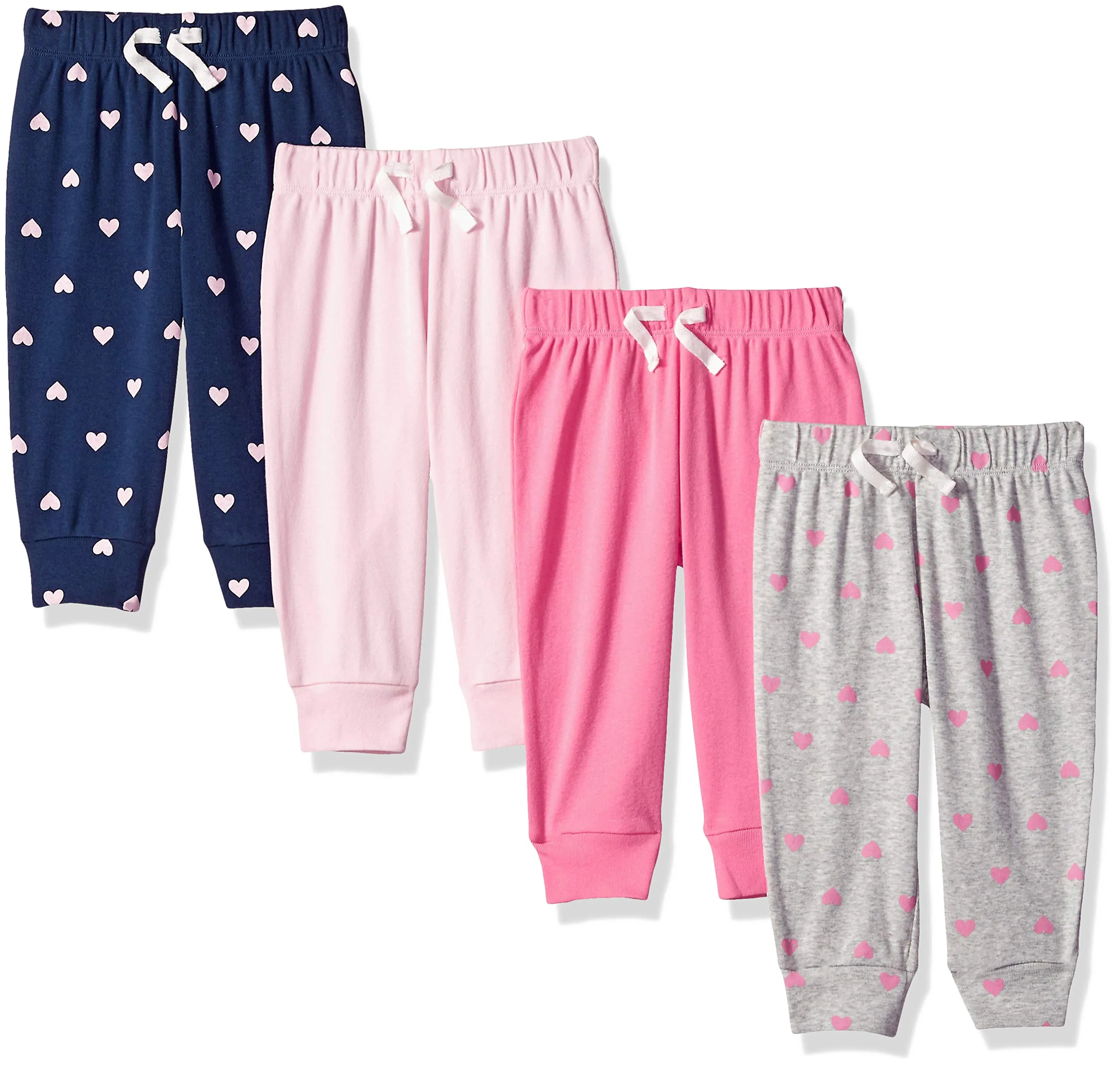 Amazon Essentials Pantaloni in Cotone Bimba, Pacco da 4, Blu Marino/Grigio Cuori/Rosa/Rosa Chiaro, 0-3 Mesi - immagine 1