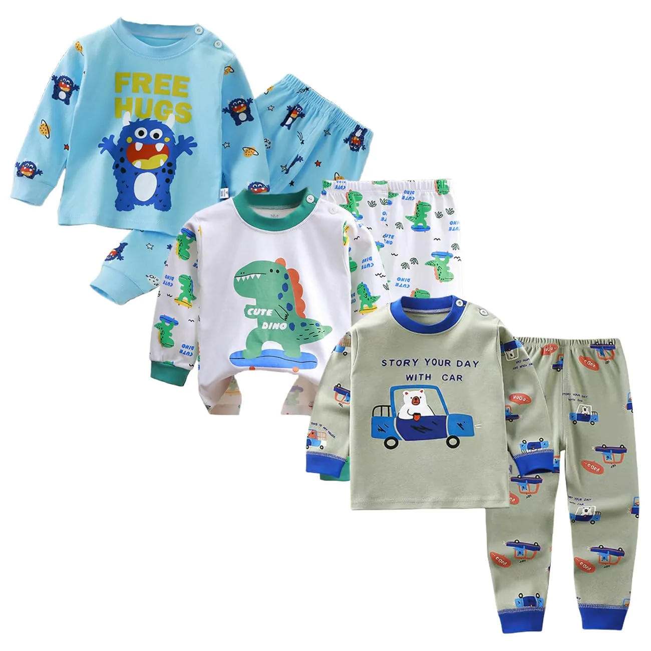 XM-Amigo Pigiami a Maniche Lunghe in Cotone per Bambino Maschio, Set da 3 - immagine 1