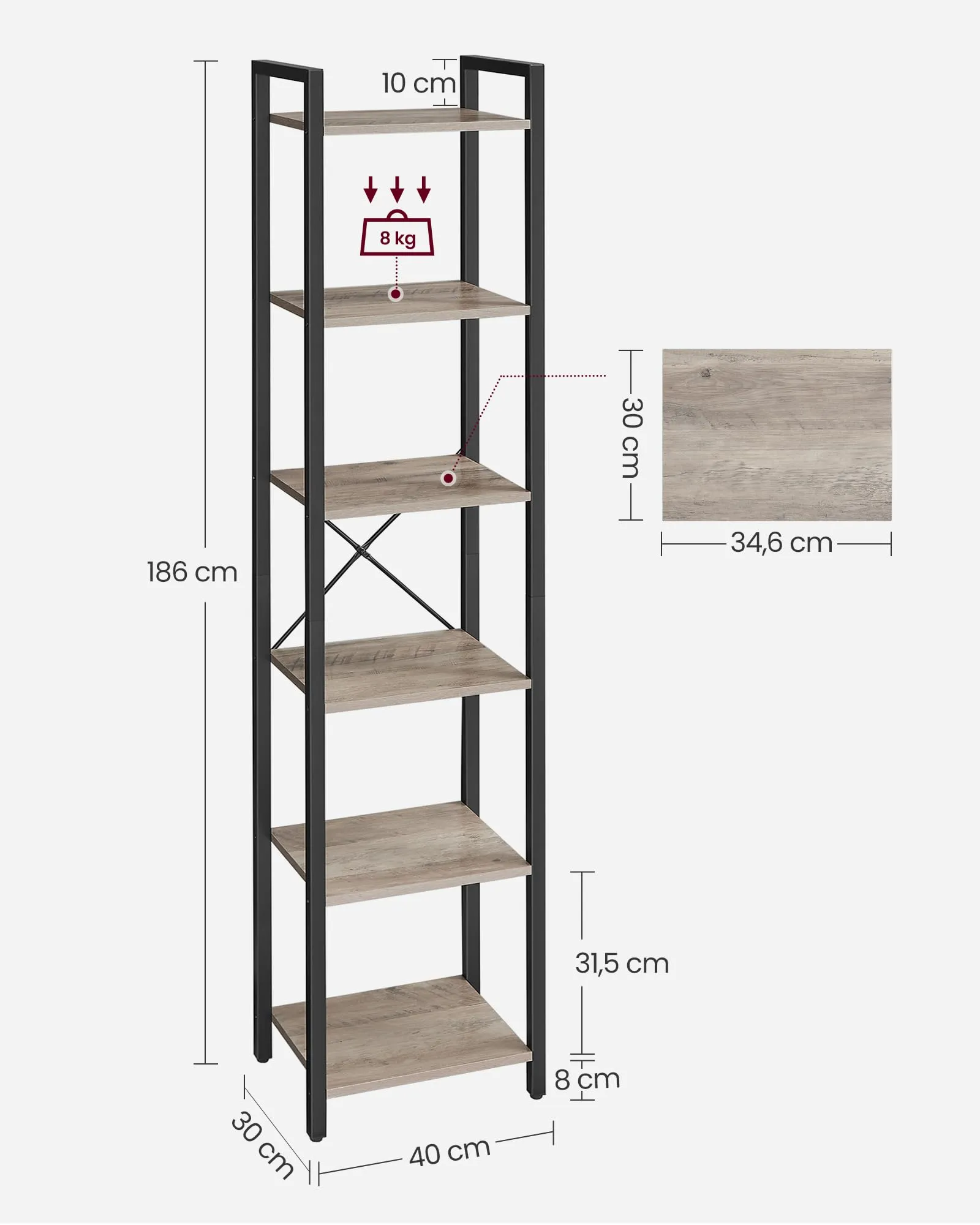 VASAGLE Libreria a 6 Ripiani, 39,6 x 30 x 187 cm - immagine 3
