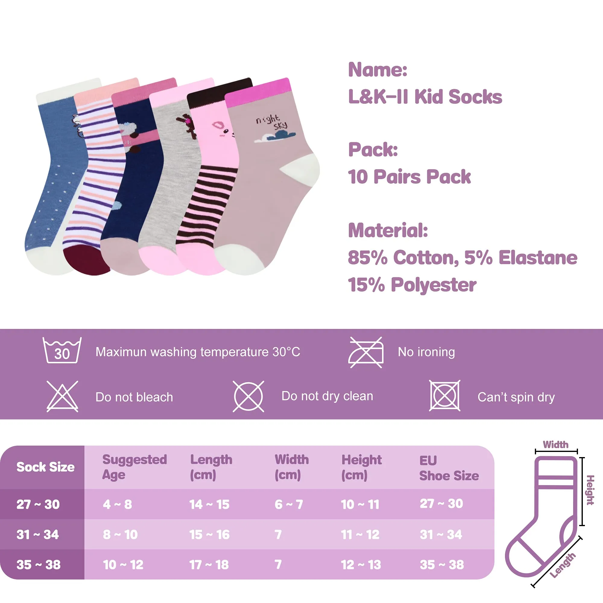 L&K-II Calzini per bambina in cotone, 12 paia, 2809, 35-38 - immagine 7