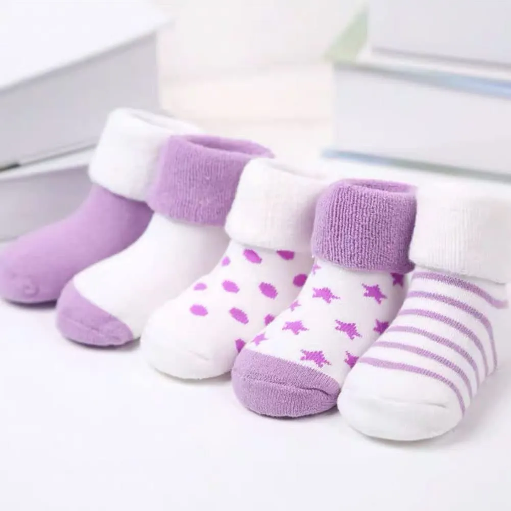 FedMois Calzini Cotone Invernali Termici per Neonati e Bambini, Viola, 0-6 mesi, 5 Paia - immagine 4
