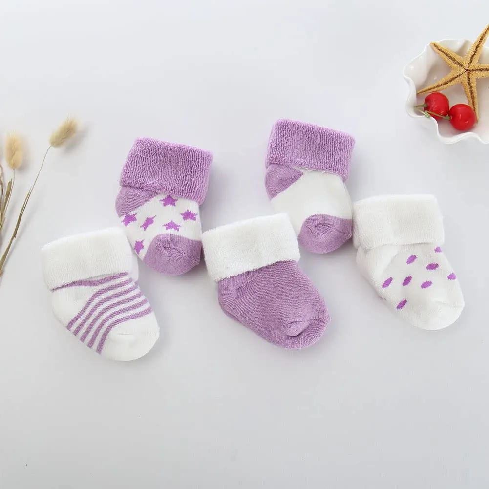 FedMois Calzini Cotone Invernali Termici per Neonati e Bambini, Viola, 0-6 mesi, 5 Paia - immagine 5