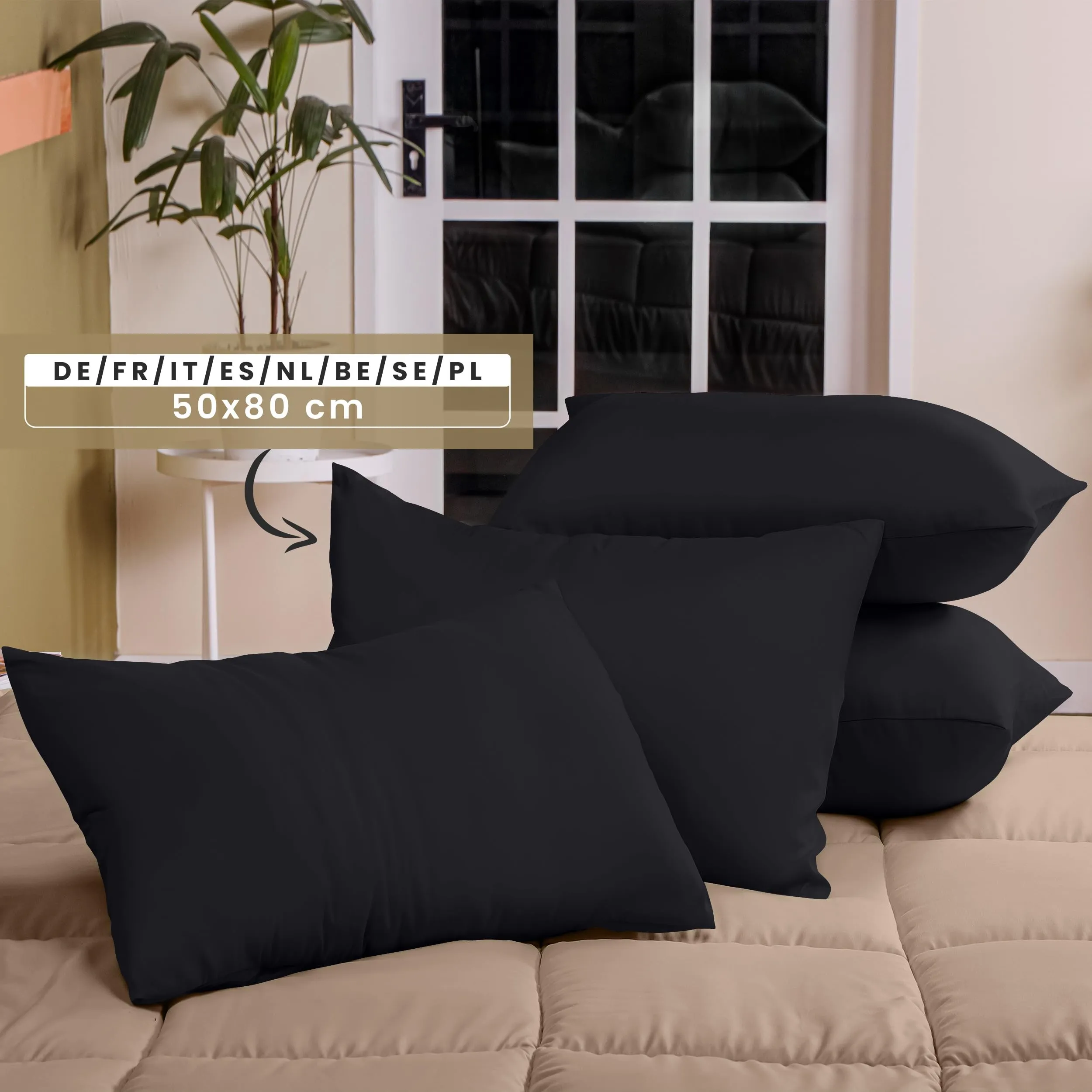Utopia Bedding Set di 4 Federe per Cuscino, 50 x 80 cm, Nero - immagine 2