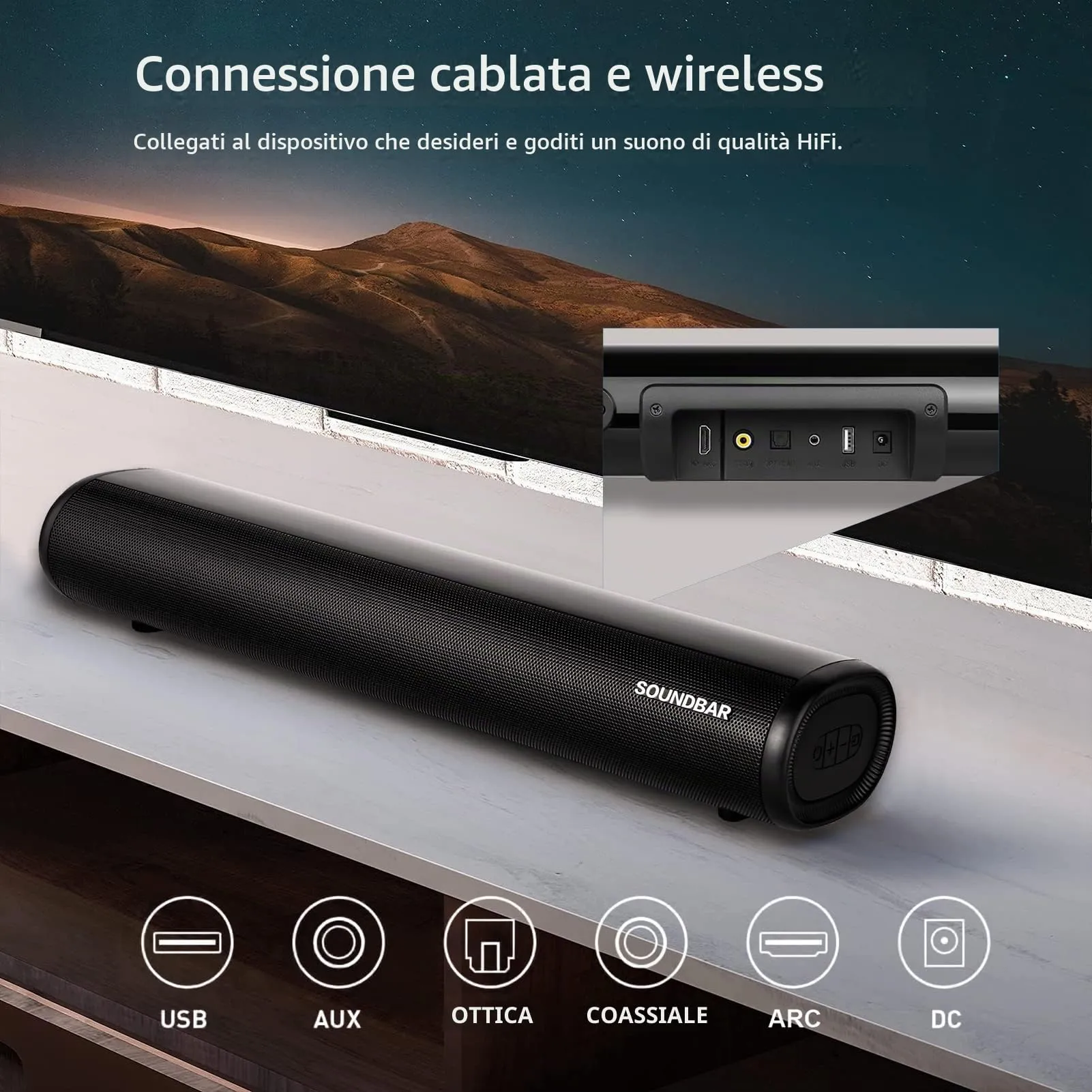 Winnes Bluetooth Wireless Soundbar with Subwoofer, 3 EQ Modes, Bluetooth 5.0, Optical, AUX, USB, HDMI for TV, PC, Projector, Mobile Phones - immagine 4