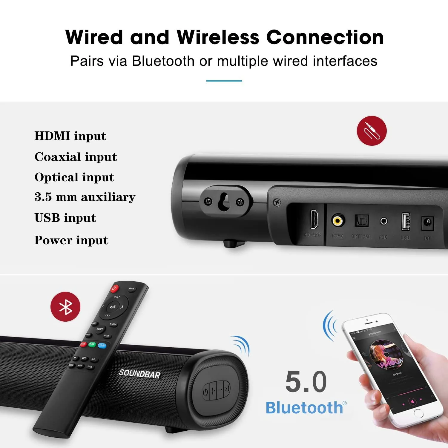 Winnes Bluetooth Wireless Soundbar with Subwoofer, 3 EQ Modes, Bluetooth 5.0, Optical, AUX, USB, HDMI for TV, PC, Projector, Mobile Phones - immagine 9