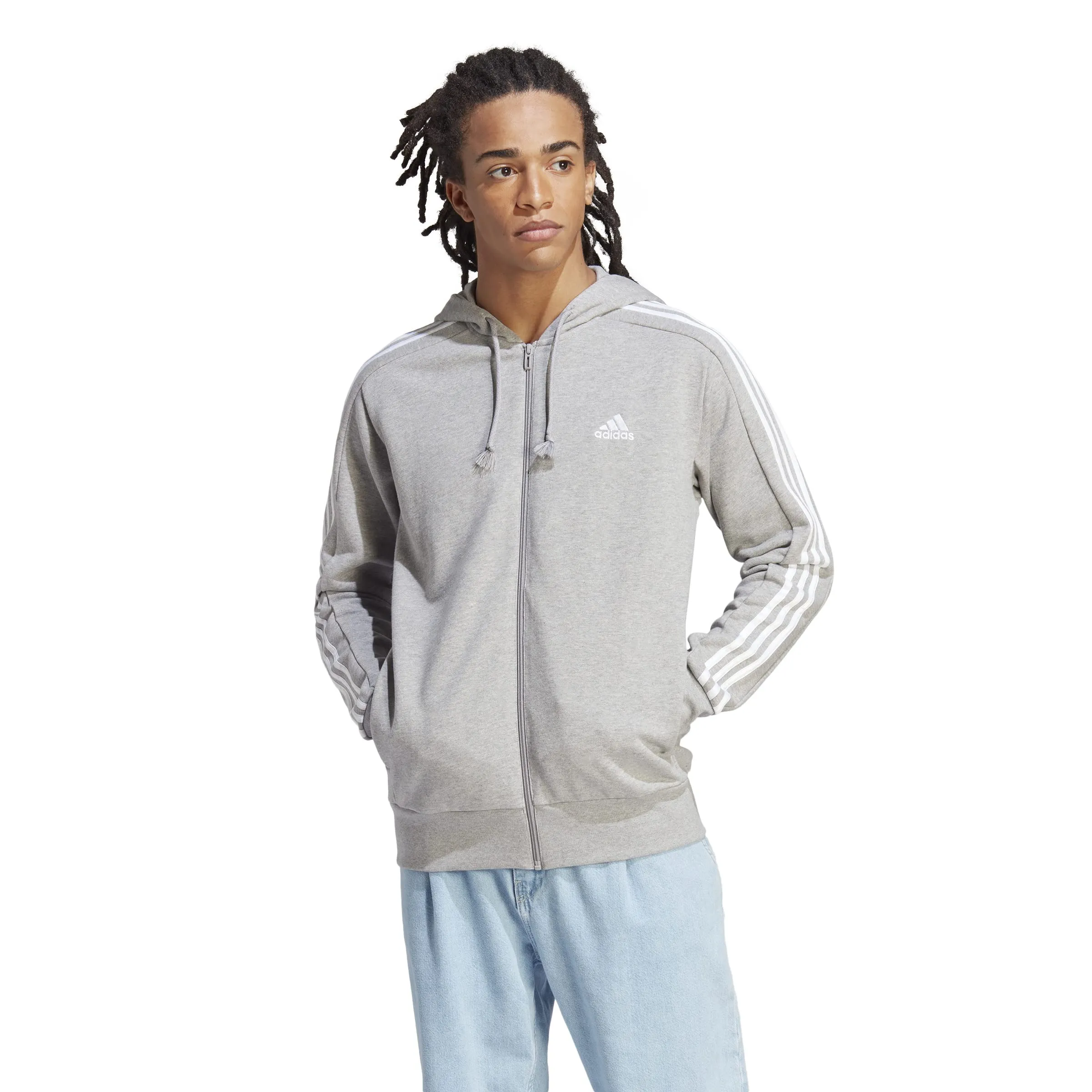 adidas Essentials French Terry 3-Stripes Full-Zip Hoodie - Medium Grey Heather / White, XXL - immagine 2